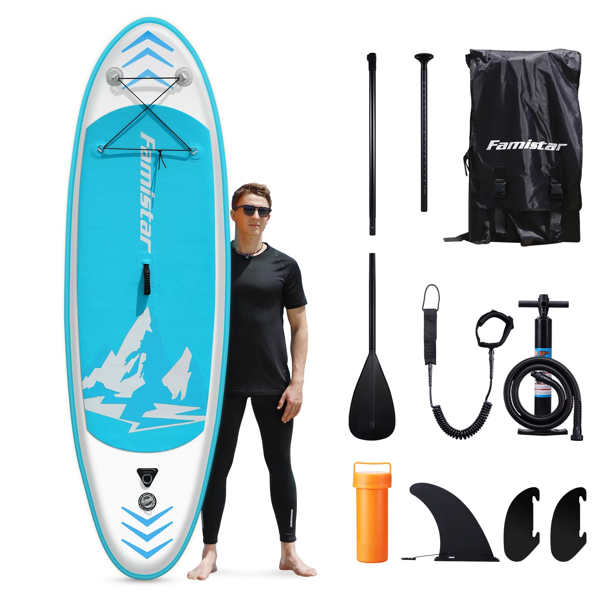 Famistar 8’7″ Inflatable Stand Up Paddle Board SUP w/ 3 Fins, Adjustable Paddle, Pump & Carrying Backpack