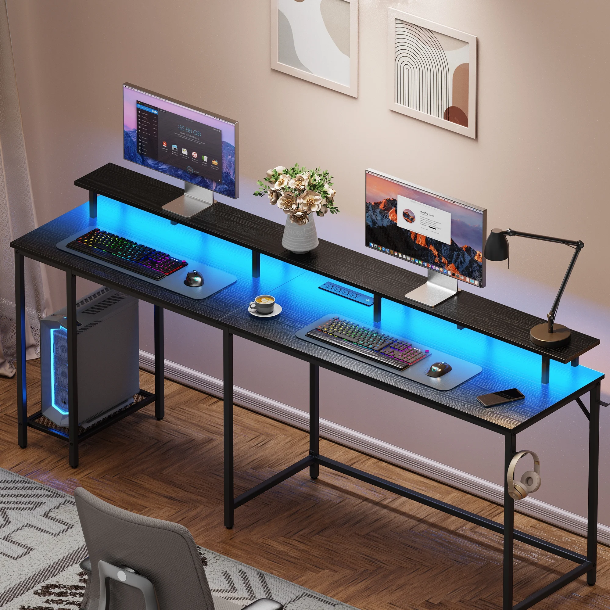 SUPERJARE L Shaped Desk with Outlets & USB Ports, Gaming Desk with LED Light Strip, Corner Computer Desk, L Office Desk, Monitor Stand, Hooks, and Storage Shelves, Black