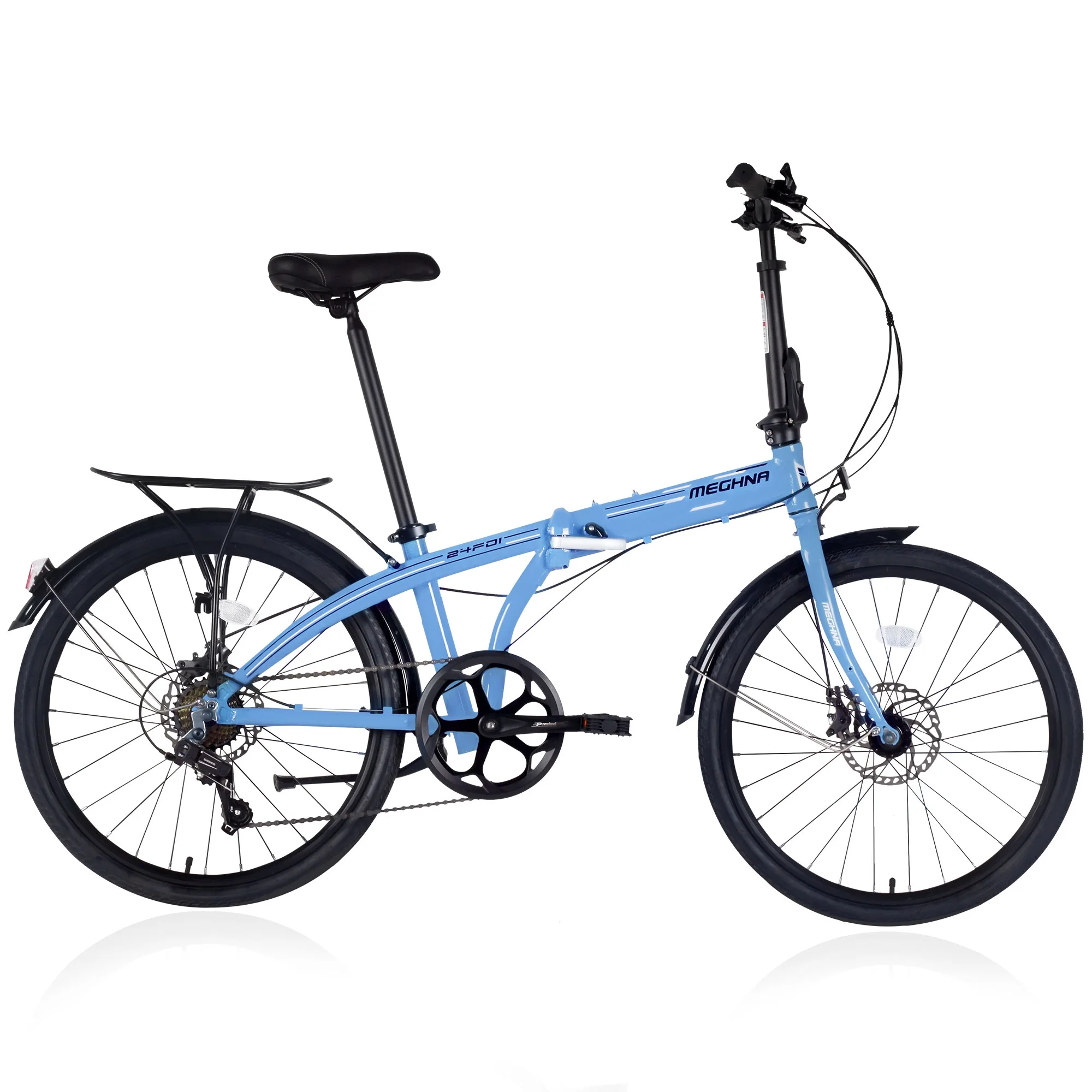 24″ Folding City Bike, 7 Speed Folding Bicycle for Adults, Aluminum Frame Height Adjustable Bike for Men Women, Blue