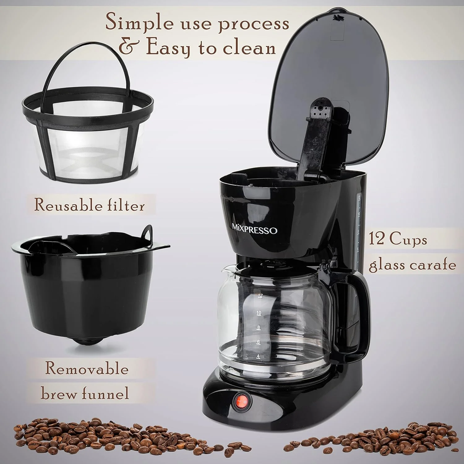 Mixpresso 12 Cup Coffee Maker, With Auto Keep Warm Function, Black.