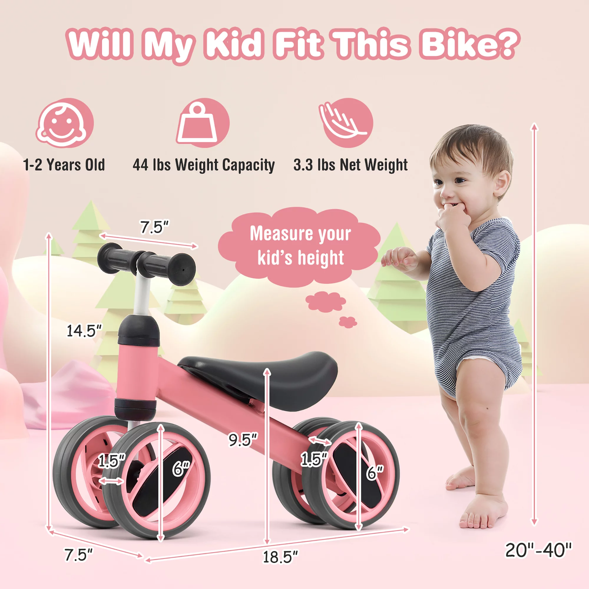 Costway Baby Balance Bike Toddler Riding Toys  w/ 4 Wheels Pink