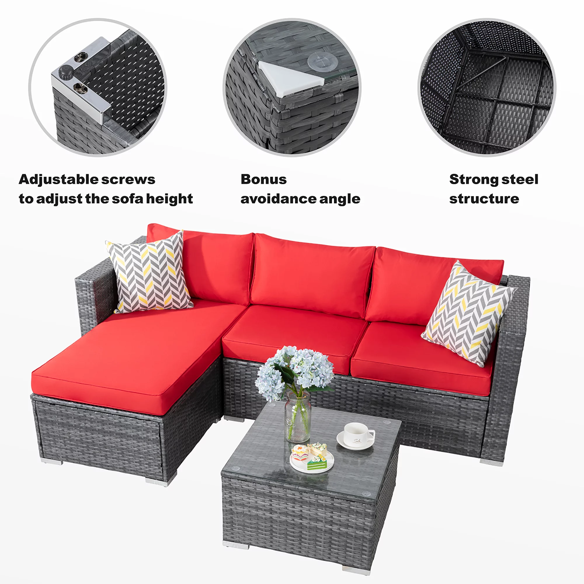 Walsunny 3 Piece Aegean Blue Outdoor Furniture Sectional Sofa Patio Set Silver Gray Rattan Wicker