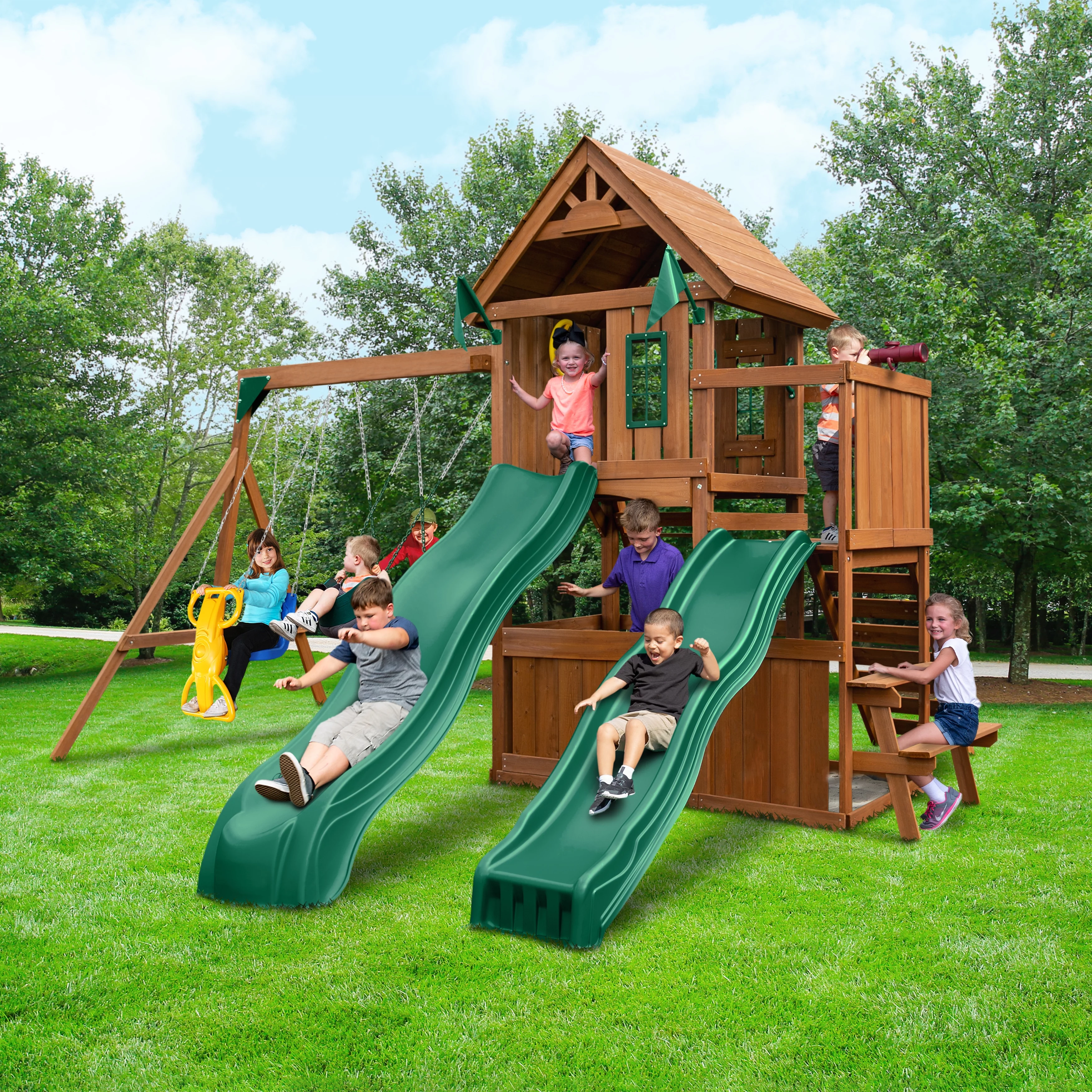 Swing-N-Slide Knightsbridge Deluxe Wood Backyard Swing Set with Two Slides, Wood Roof, Climbing Rock Wall, and Swings