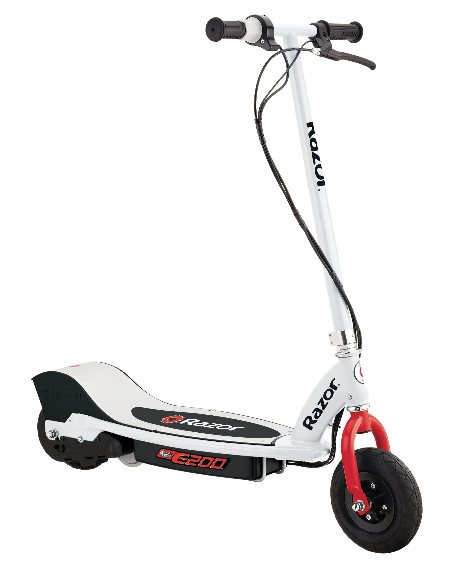 Razor E200 Electric Scooter – White, for Ages 13+ and up to 154 lbs, 8″ Pneumatic Front Tire, 200W Chain Motor, Up to 12 mph & up to 8-mile Range, 24V Sealed Lead-Acid Battery