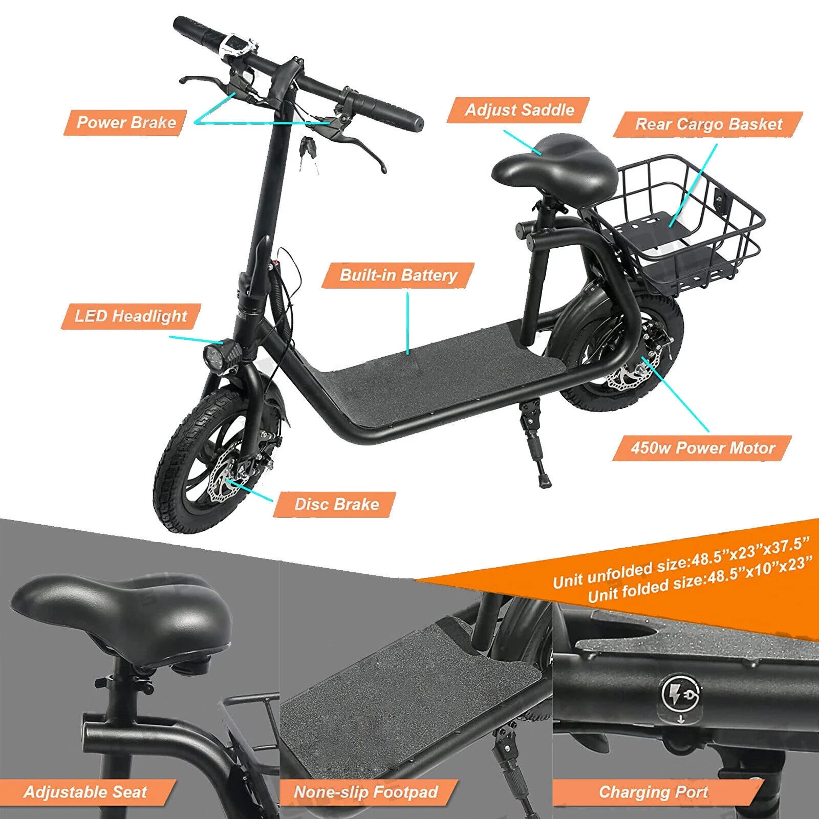 Dazone 450W 36V Folding Electric Scooters E-Scooter, 12 inches Tires Sports Electric Scooter with Seat, Adult Electric Bike Ebike Biycle, Electric Moped for Adult Commuter, Black