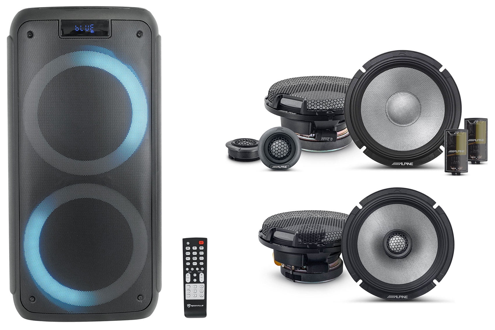 Pair Alpine R2-S65 6.5″ 2-Way+R2-S65C Component Car Speakers+House Party Speaker