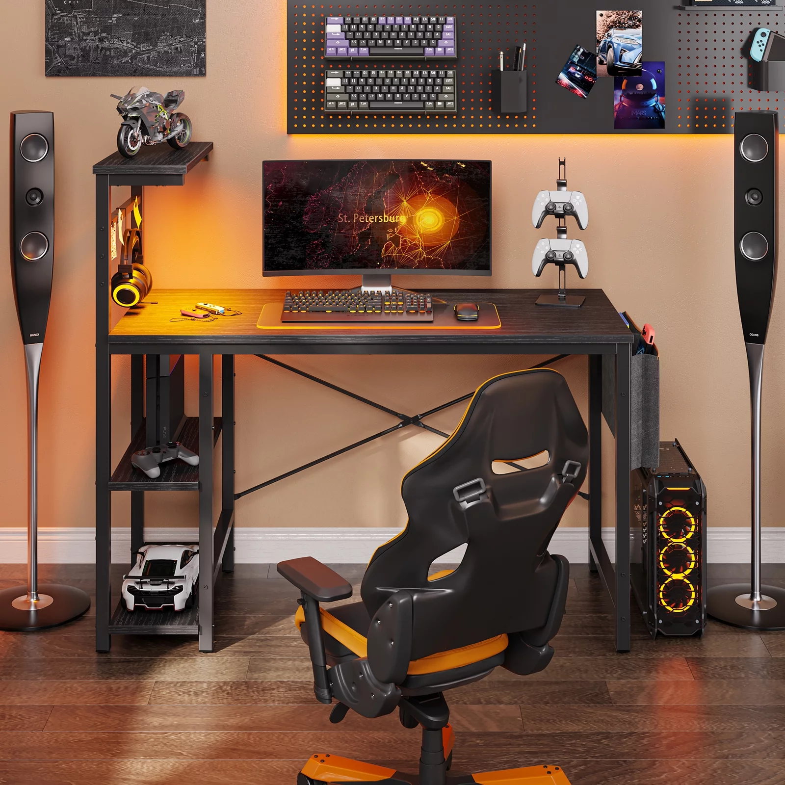 Bestier Reversible 44 inch Computer Desk with LED Lights Gaming Desk , 4 Tier Shelves Carbon Fiber