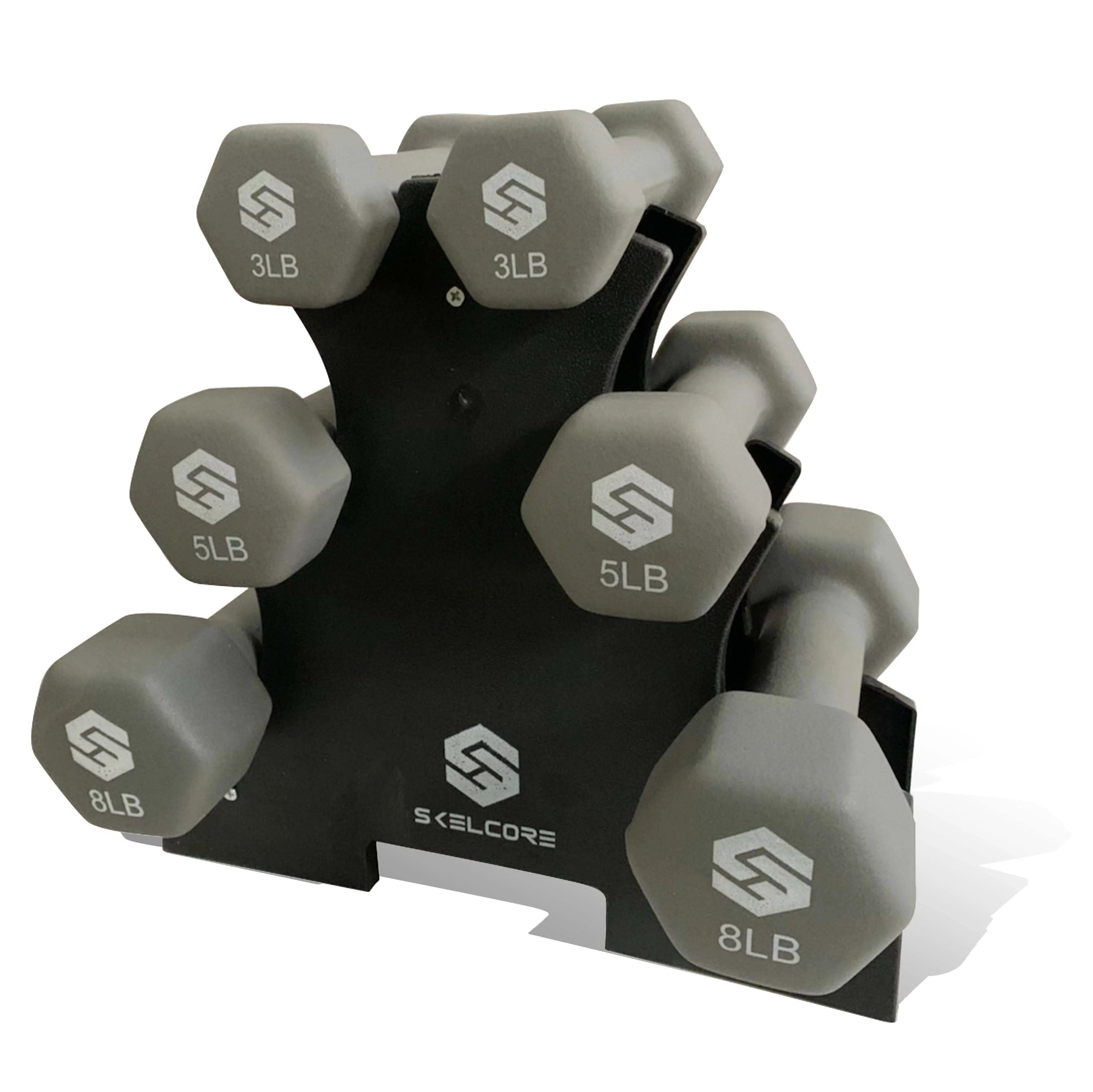 Skelcore Neoprene Dumbbell Set W/ Rack, Anti-roll Hex Weights (3lbs, 5lbs, 8lbs)