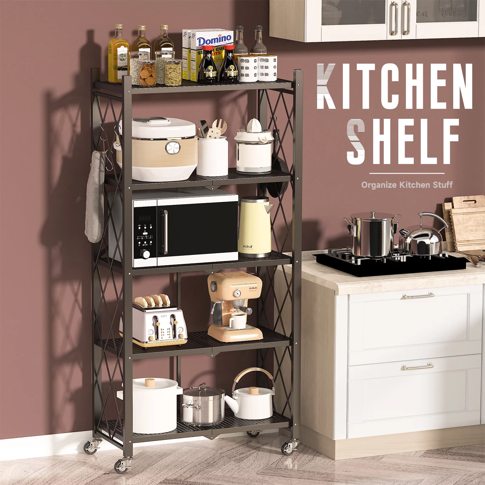 COOKCOK 5-Tier Storage Shelving Unit, Metal Shelf 27.9″x13.4″x62.5, Foldable Storage Shelf with Wheels, Garage Shelf, Metal Storage Rack, Kitchen Shelf with 4 Hooks, No Assemble Require