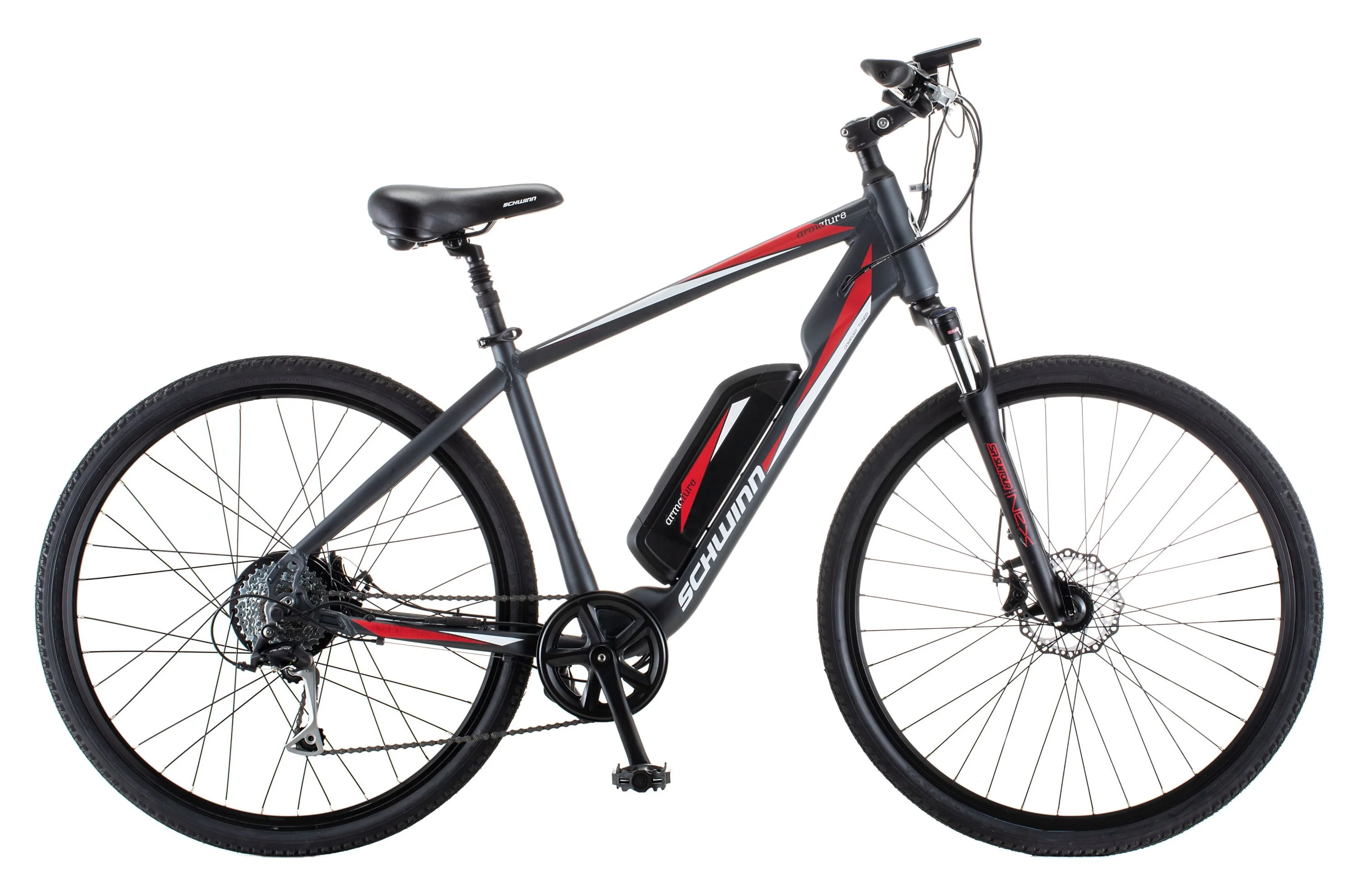 Schwinn 700c Armature Unisex Electric Bike, Black and Red Ebike for Adults, Large Frame