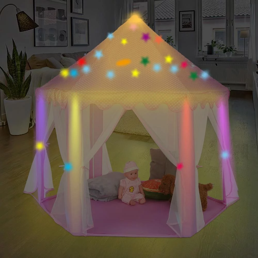 Tebru Kids Play Tents, Princess Castle Play Tent Girls Playhouse Toy Game House with a String of 40 Lights, Pink, Tent for Girls