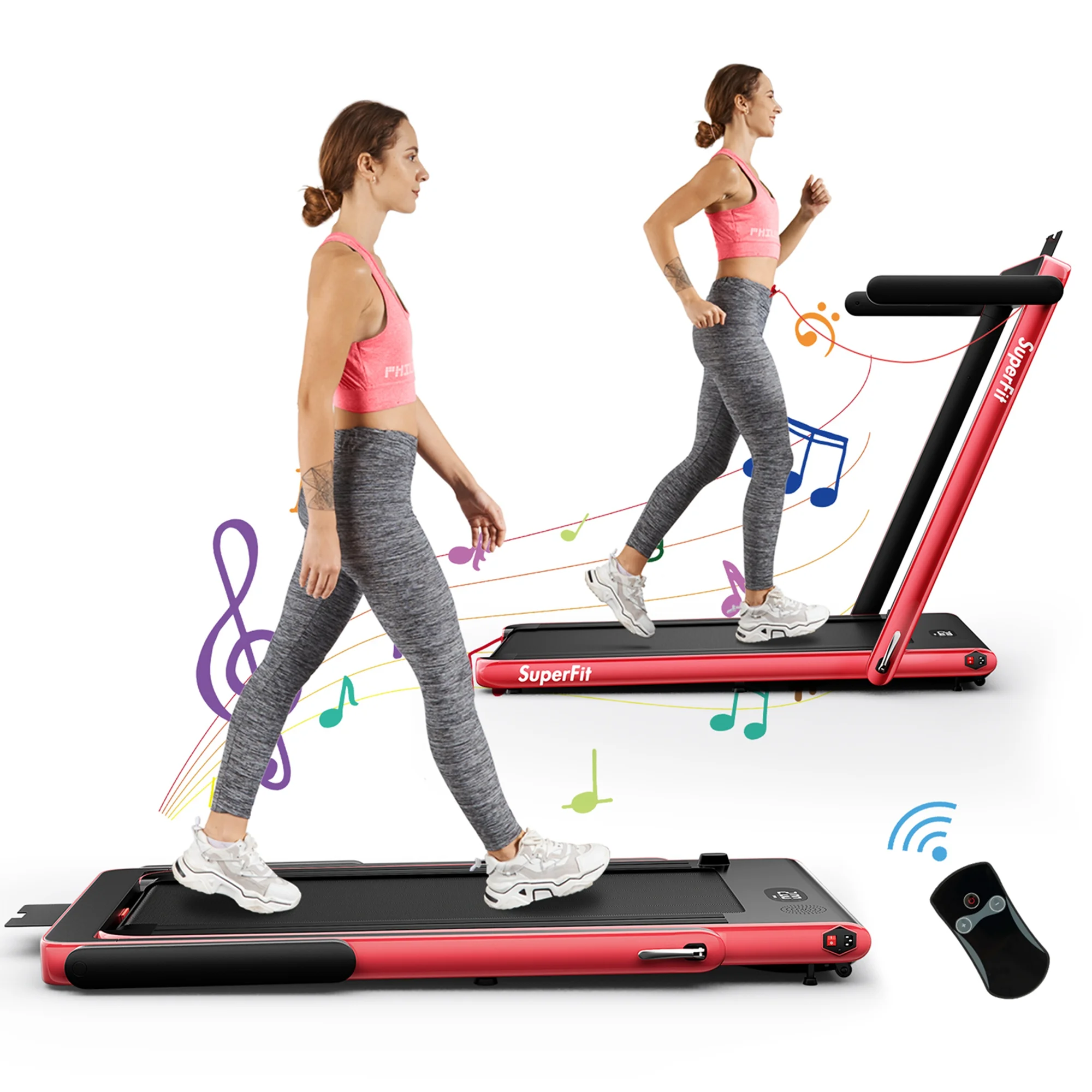 SuperFit Up To 7.5MPH 2.25HP 2 in 1 Single Display Screen Folding Treadmill Remote Control W/ APP Control Speaker Black