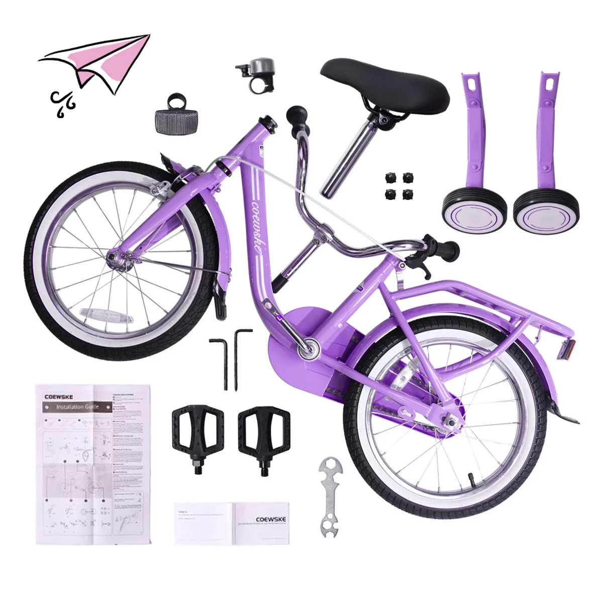 Coewske Kids Bicycle Girls and Boys 18 inch with Hand Brake and Kickstand, Purple