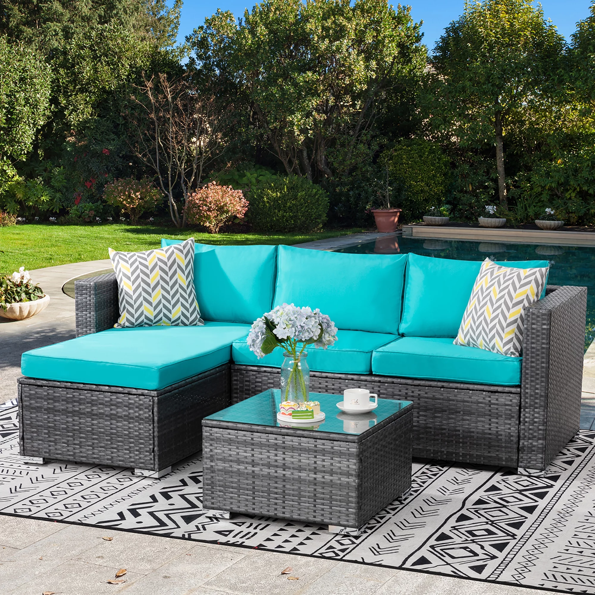 Walsunny 3 Piece Aegean Blue Outdoor Furniture Sectional Sofa Patio Set Silver Gray Rattan Wicker