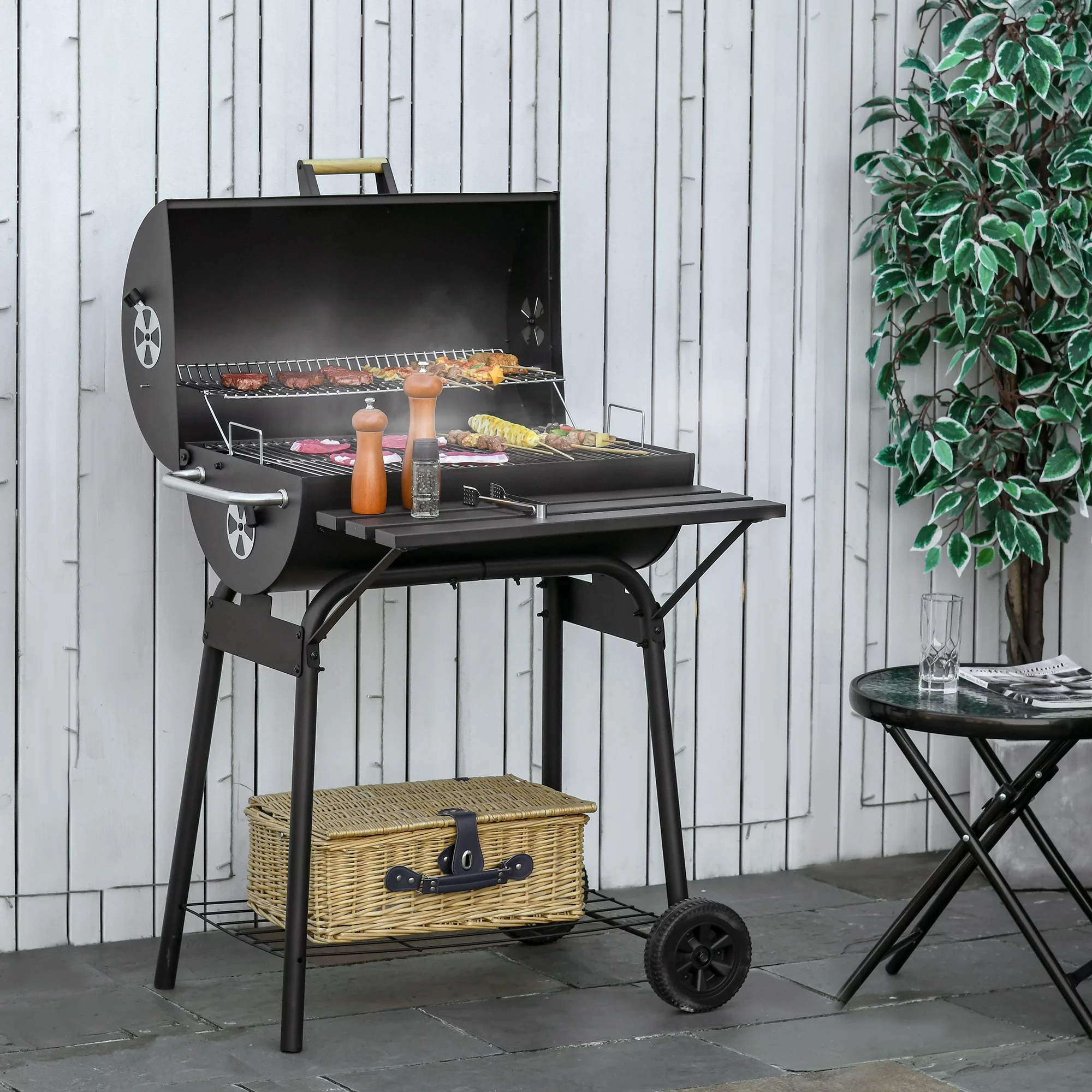 Outsunny 48″ Steel Portable Backyard Charcoal BBQ Grill and Offset Smoker Combo