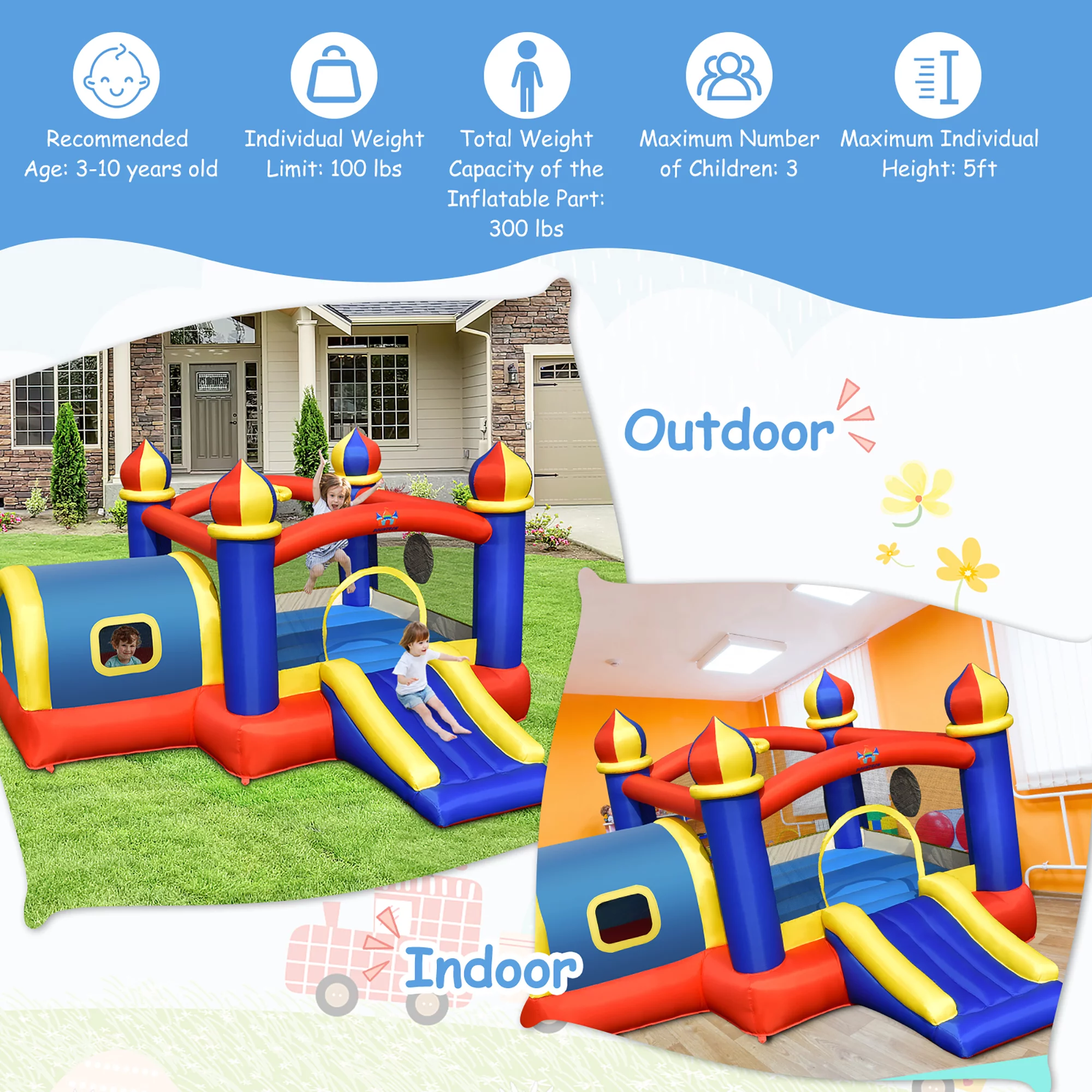 Costway Inflatable Castle Kids Bounce House w/ Slide Jumping Playhouse & 480W Blower