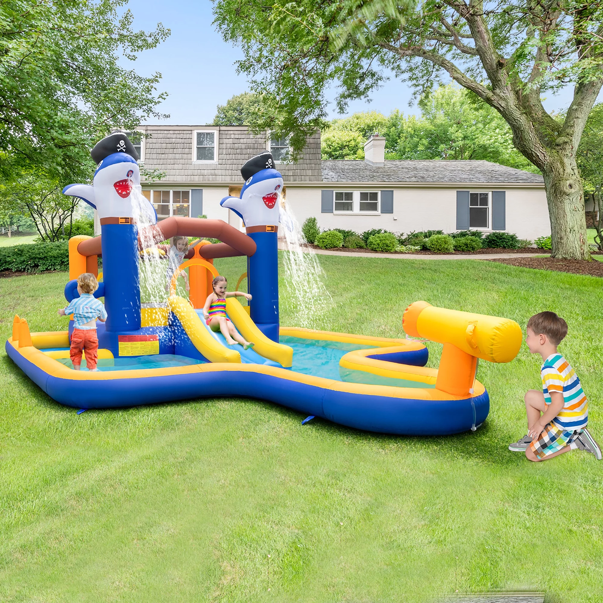 Gymax Inflatable Water Slide Park Bounce House Splash Pool Water Cannon without Blower