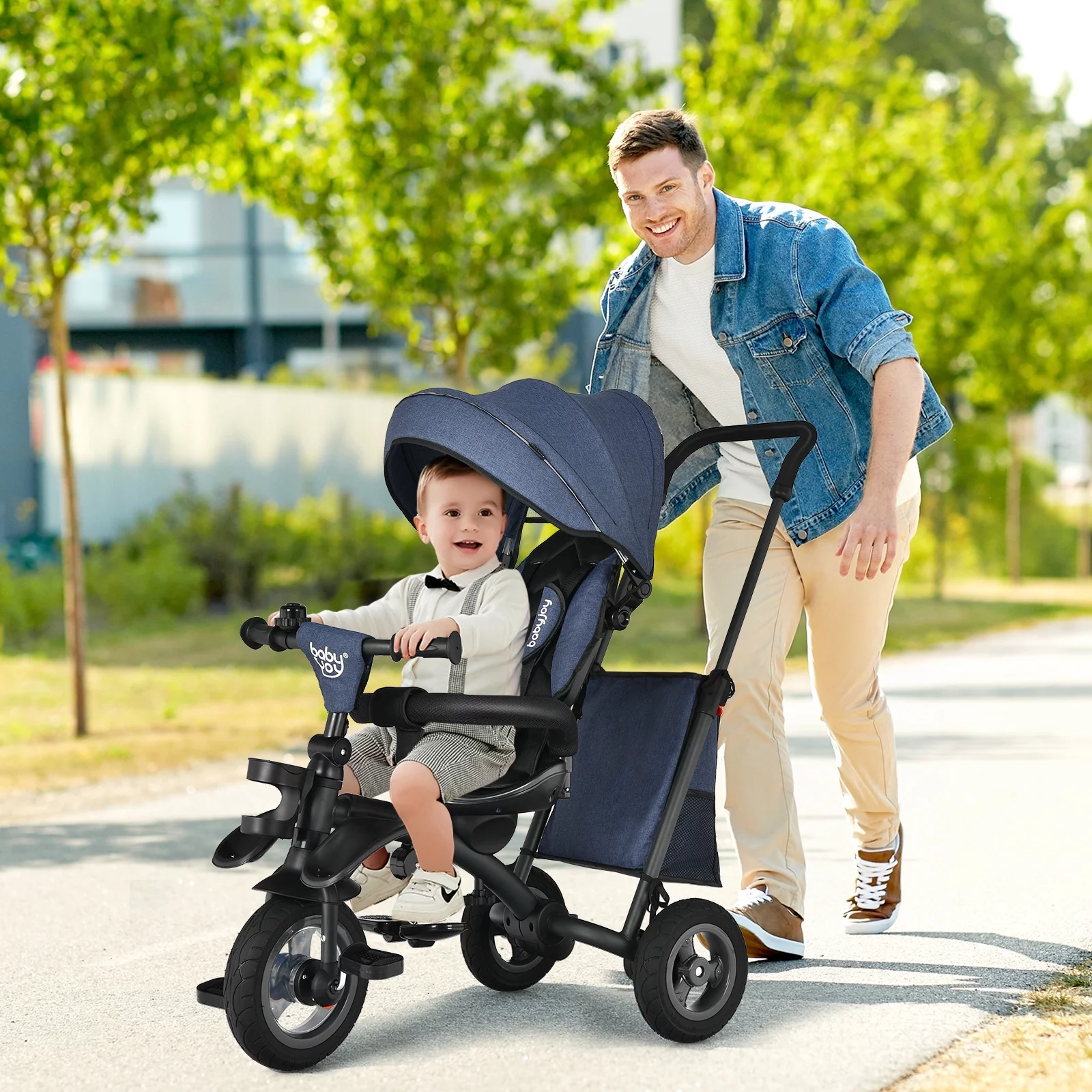 Infans 7-In-1 Kids Baby Tricycle Folding Steer Stroller w/ Rotatable Seat Blue