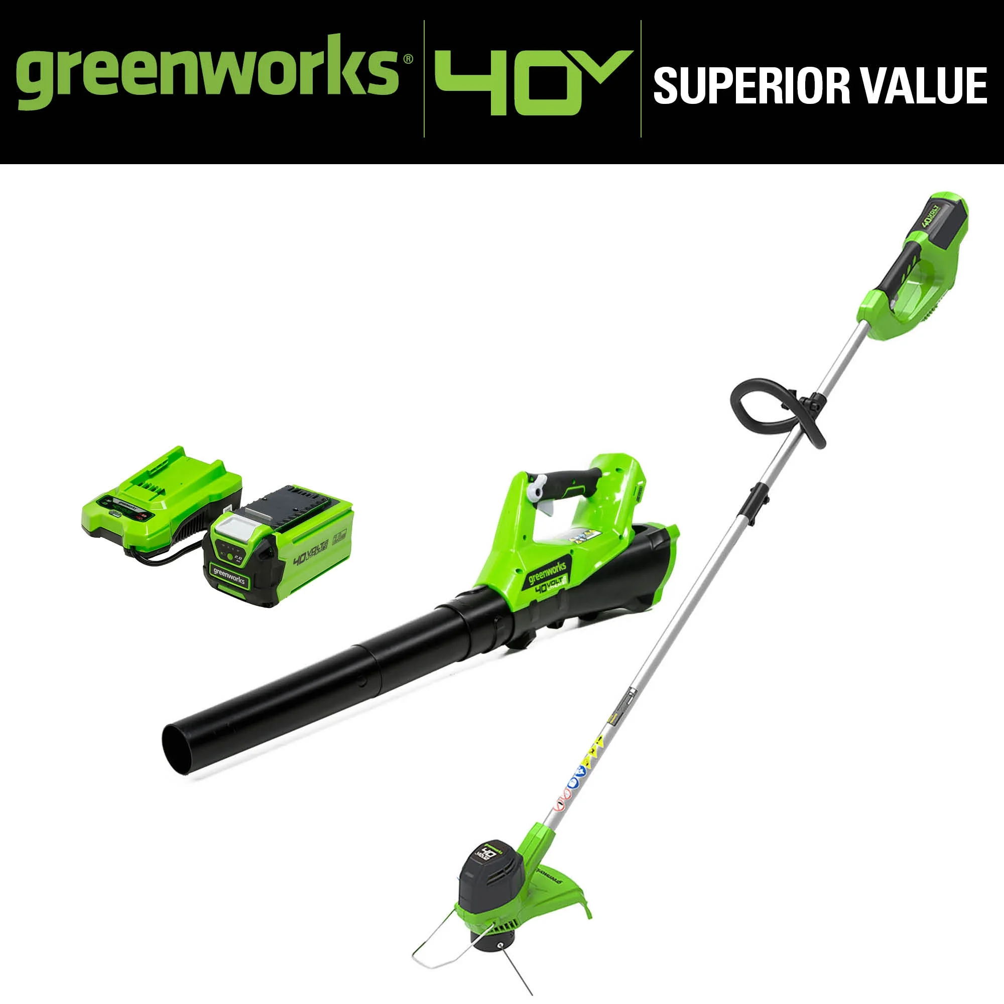 Greenworks 40V String Trimmer/Leaf Blower Combo W/ 2.0 Ah Battery, 1301202