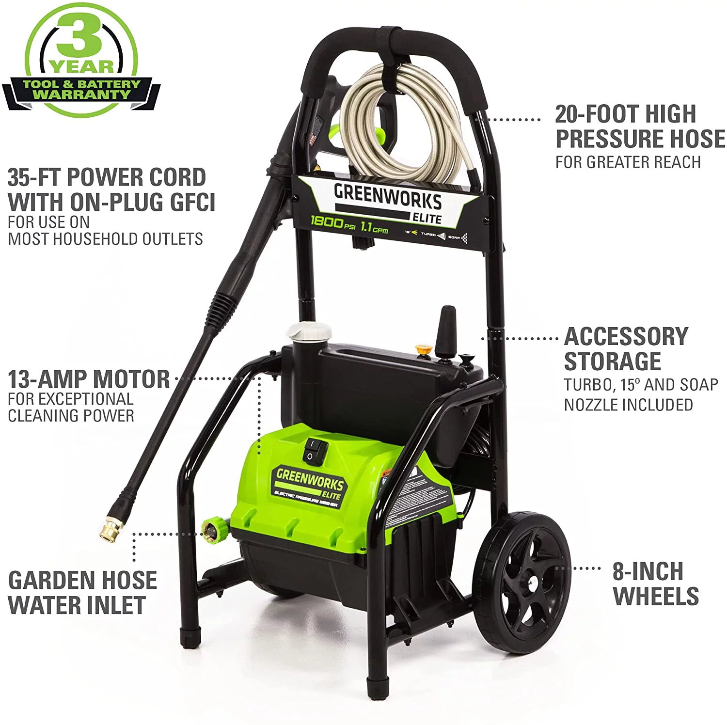 Greenworks 1800-PSI 13 Amp 1.1-GPM Electric Pressure Washer, 5106102