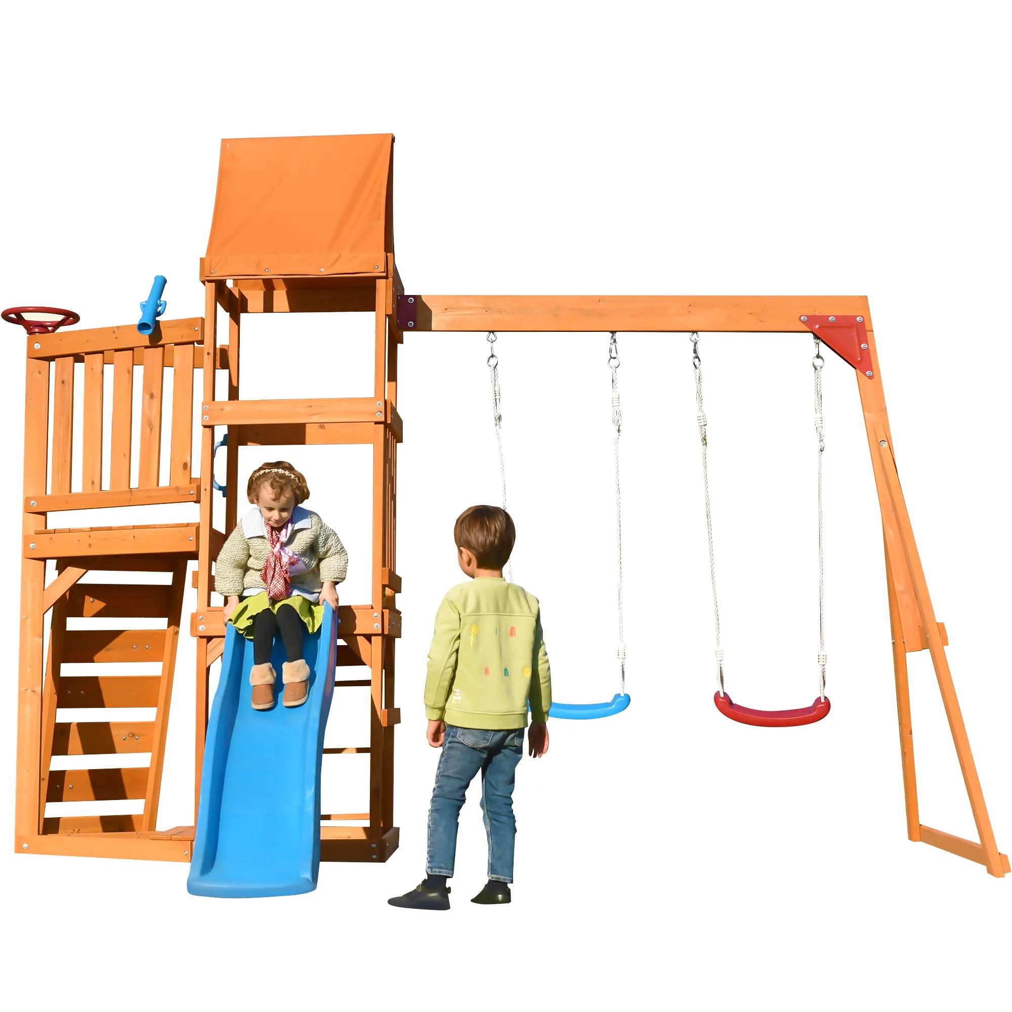 Wooden Swing Set with Slide, Climbing wall, Sandbox and Wood Roof, Outdoor Playhouse Backyard Activity Playground Playset for Toddlers