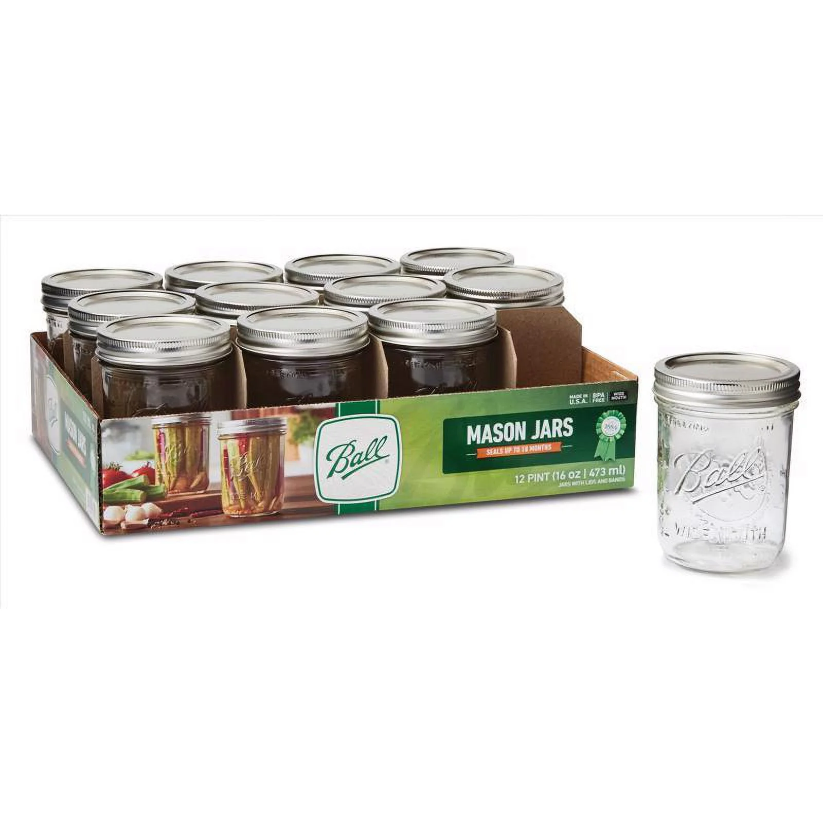 Ball, Glass Mason Jars with Lids & Bands, Wide Mouth, Clear, 16 oz, 12 Count