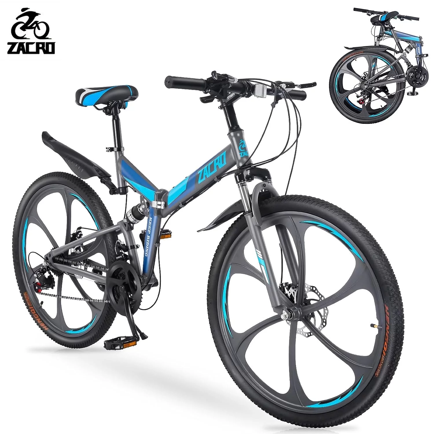 Zacro 26 Inch Folding Mountain Bike, 24 Speed Dual Disc Brake and Shock Absorbers Alloy Wheels Compact Mountain Bike for Men Women Adults Youth – Black Blue