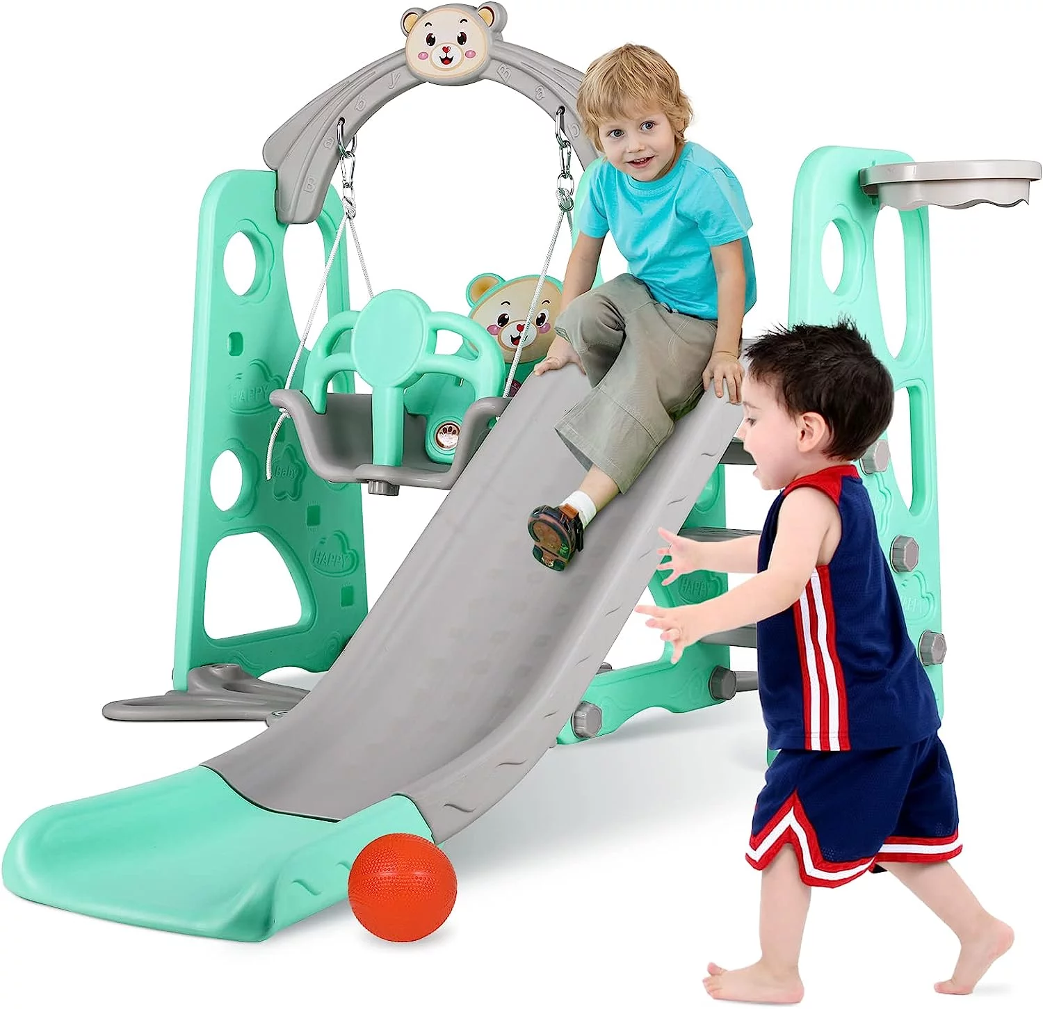 Arlopu Toddler Slide and Swing Set, 4 in 1 Kids Anti-Slip Climber Slide Playset with Basketball Hoop, Outdoor Indoor Playground for Children 3-6 Years