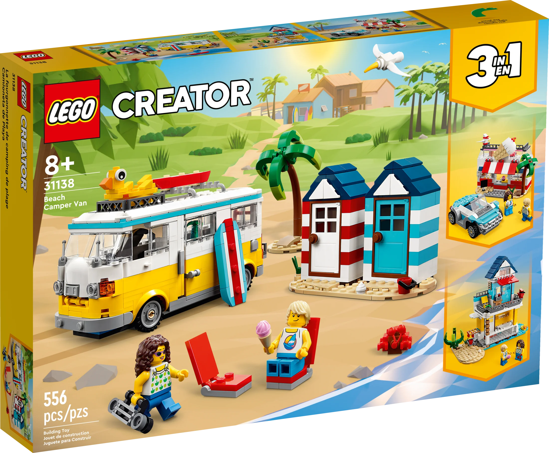 LEGO Creator 3 in 1 Beach Camper Van Building Kit, Transforms from a Campervan to Ice Cream Shop to Beach House, Great Gift for Surfer Boys and Girls, Pretend Play Beach Life, 31138