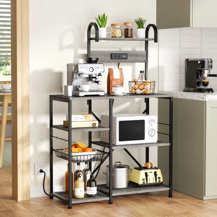 Walsunny Kitchen Bakers Rack with Power Outlet,Industrial Kitchen Island Storage Shelf with 6 Hooks 6 Tier Rack