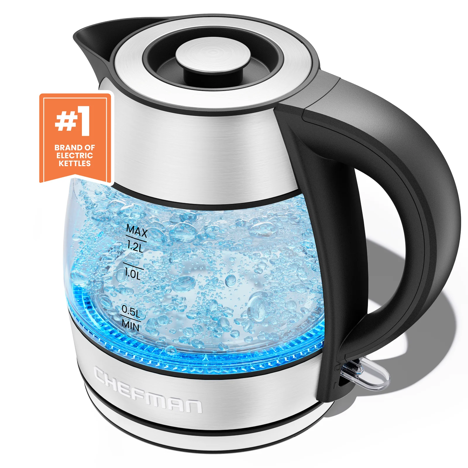 Chefman Rapid Boil Glass Kettle, 1.2 Liter, 1500 Watts for Fastest Boiling Speed, Stainless Steel