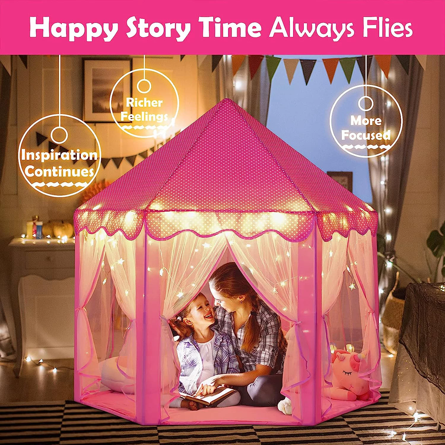 Scheam Princess Castle Play Tent for Girls Large Kids Play Tents Hexagon Playhouse with 19.7FT Star Lights Toys for Children Indoor Games (Pink)