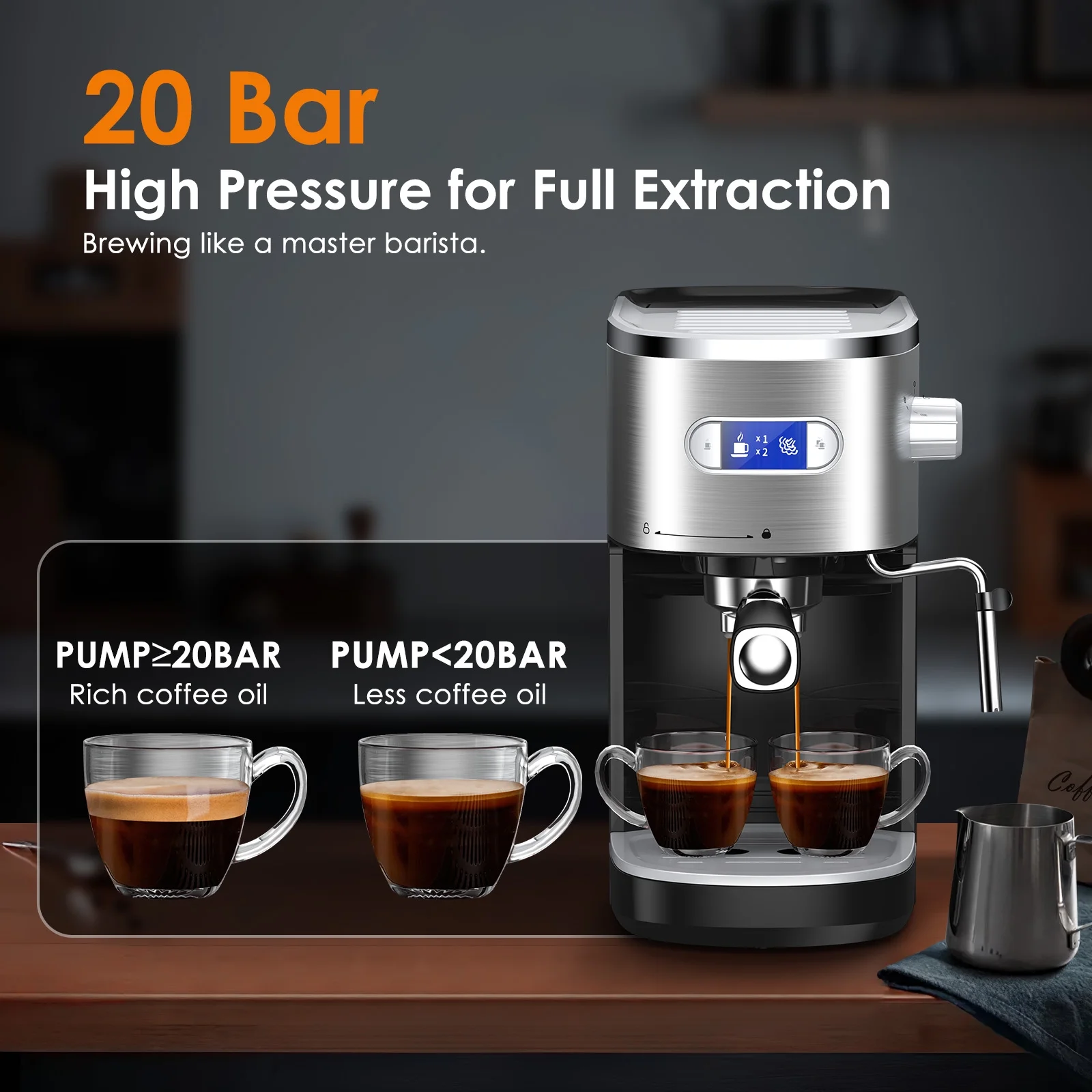 Kndko Espresso Machine with Milk Frother Steam Wand, 20 Bar Pump Professional Coffee Machine, Brand New, Stainless Steel