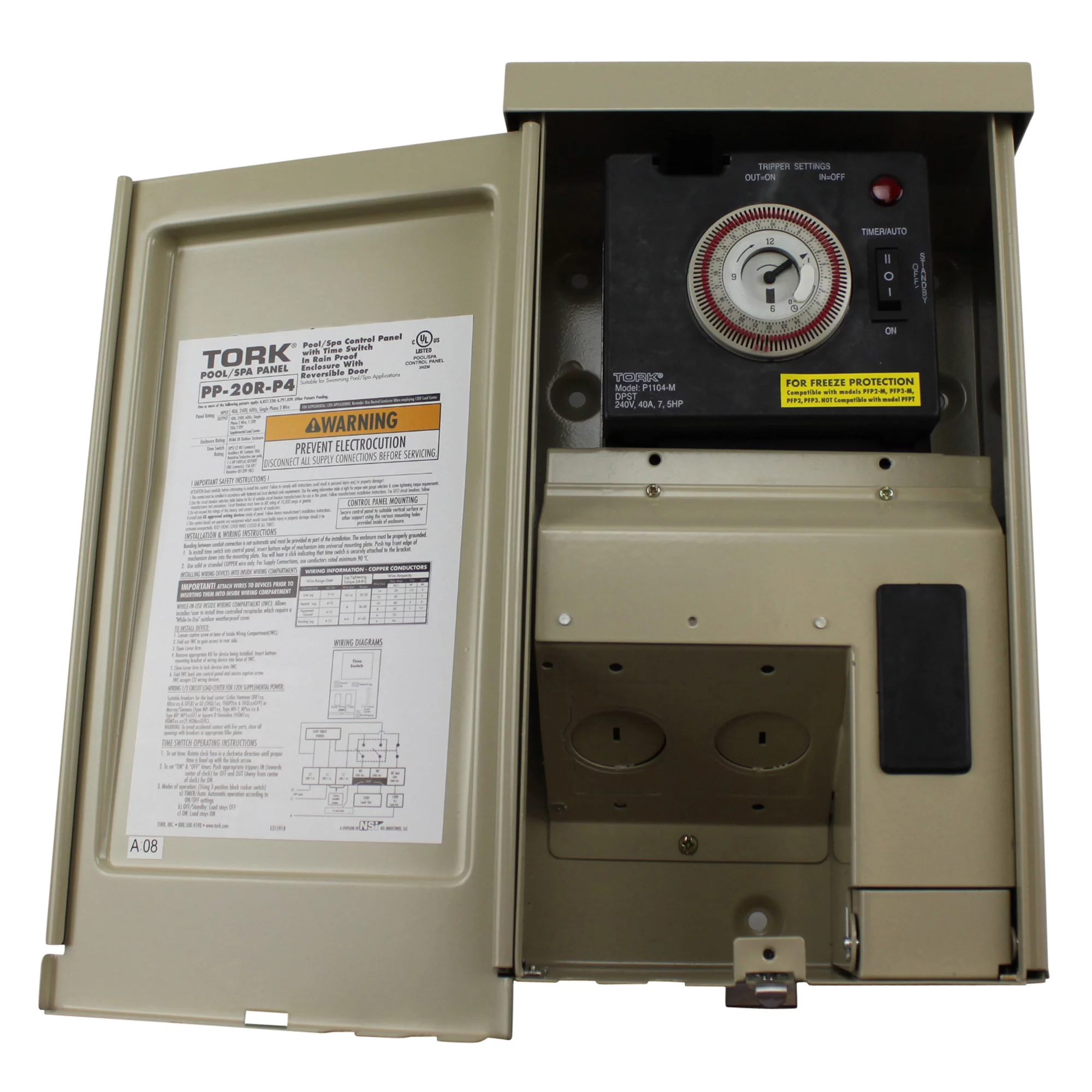 Tork NSI PP-20R-P4 Pool Spa or Lighting Control Panel With One Time Switch Installed, 40-Amp, 102/240-Vac