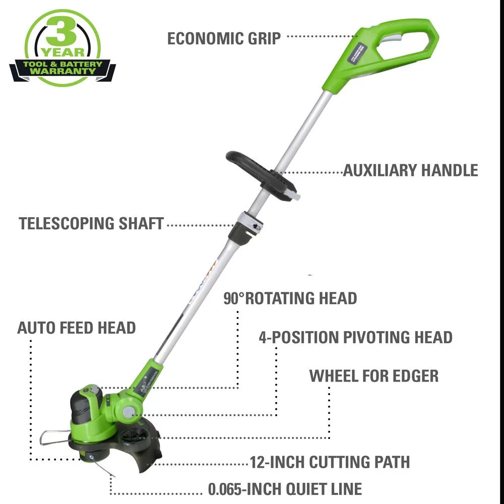 Greenworks 24V 12″ Cordless String Trimmer/Edger with 2.0 Ah USB Battery & Charger 2117902AZVT