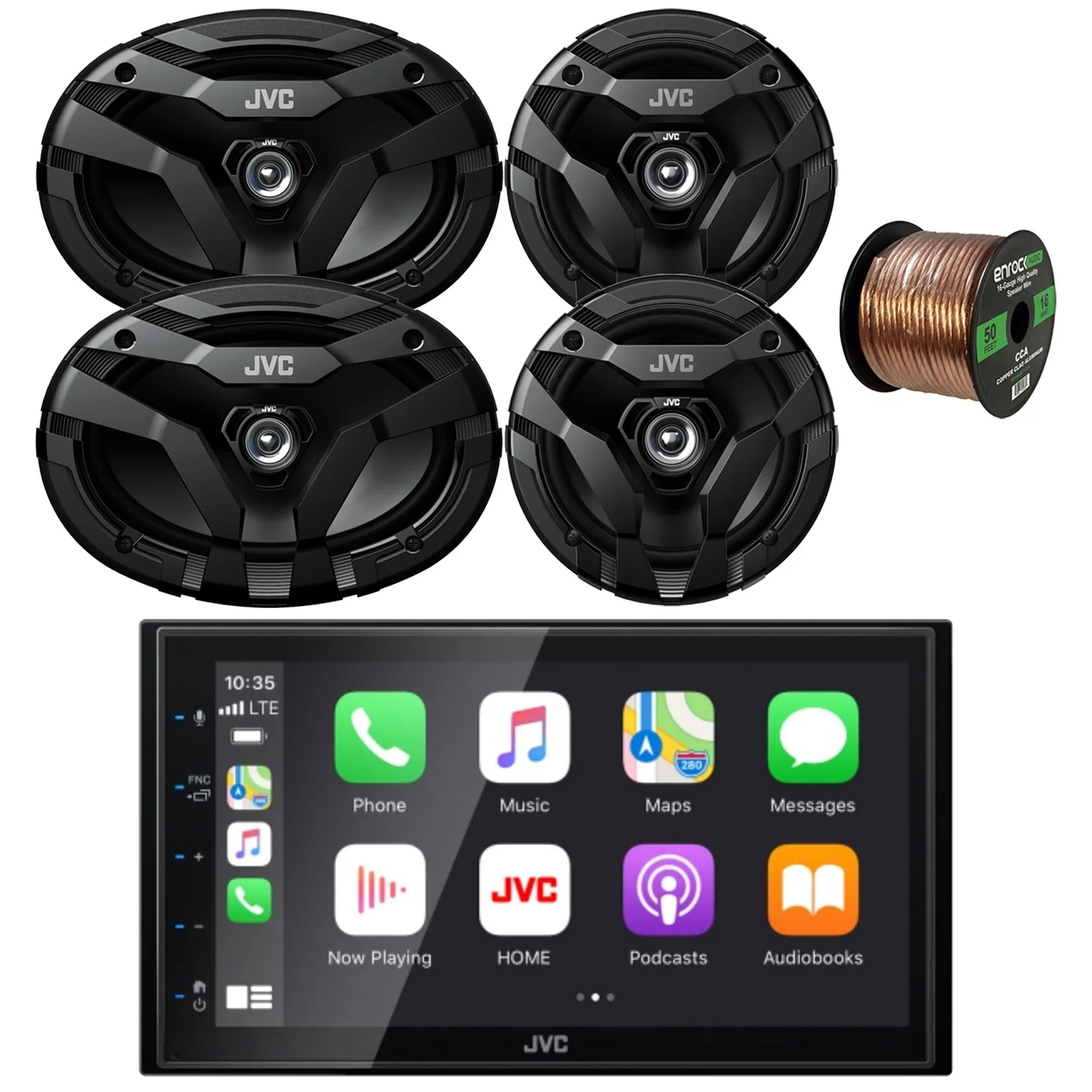 JVC KW-M560BT Double DIN AM/FM Radio Stereo Bluetooth USB Digital Media Car Receiver Bundle Combo with 2x 6.5″ 2-Way Coaxial 300W Car Audio Speakers, 2x 6×9″ 400W Vehicle Speakers, 16G Speaker Wire