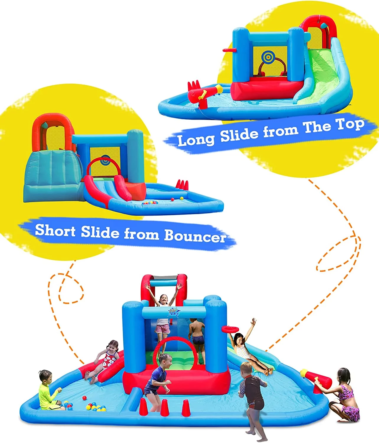 Action Air Water Slide, Inflatable Waterslides and Bouncy Castle All-in-one, Large Pool with 30 Pit Balls & 2 Dart Balls