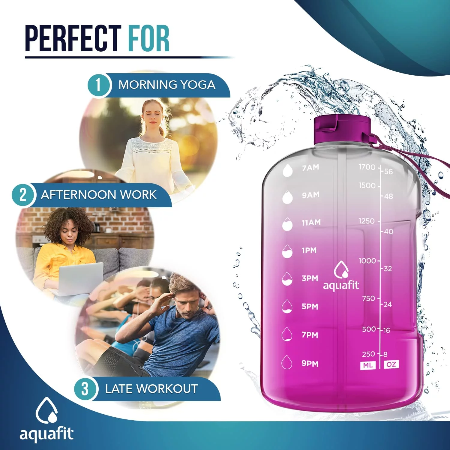 AQUAFIT – Water Bottle – Motivational Water Bottle, Big Water Bottle with Time Marker – 1 Gallon, Gray