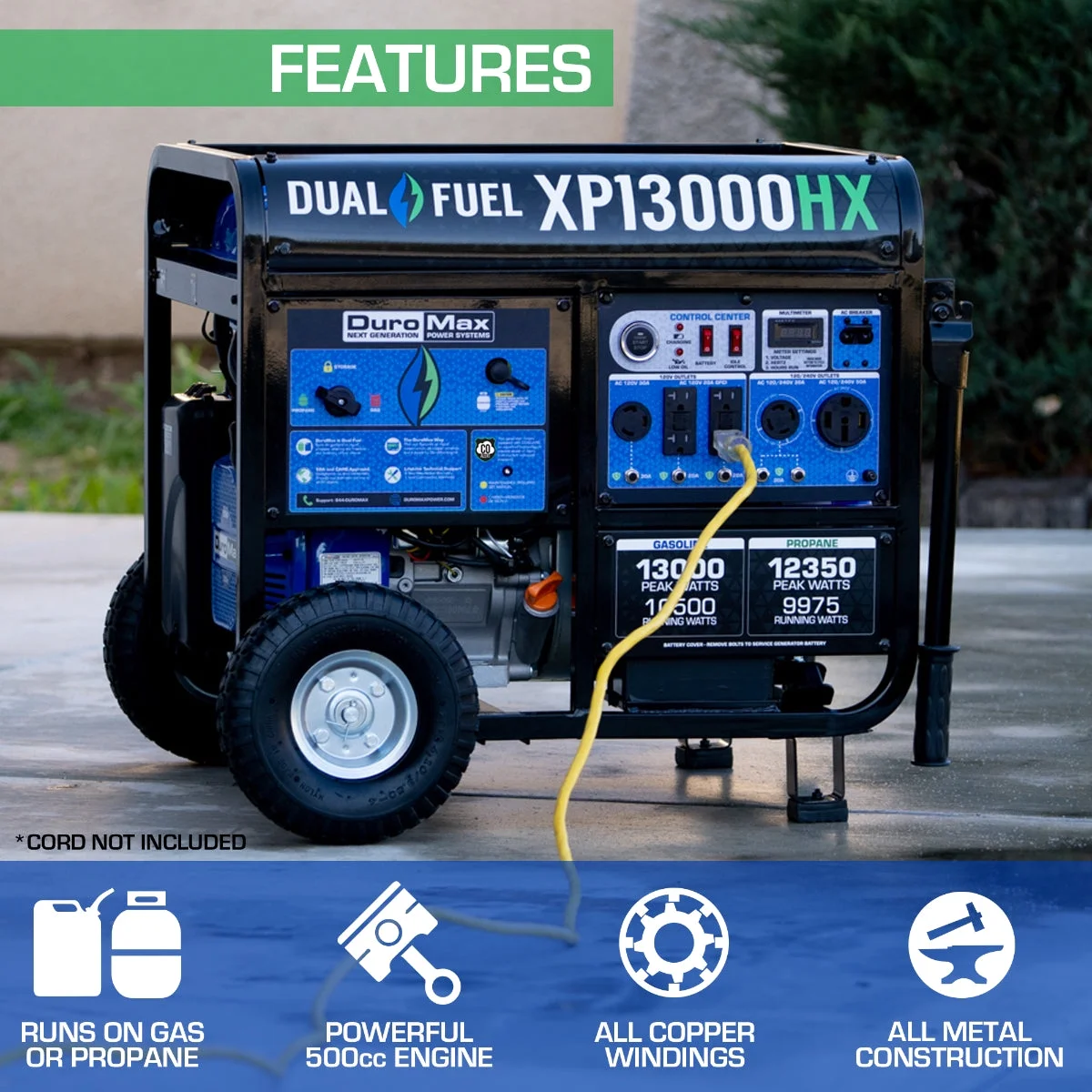 DuroMax XP13000HX 13,000 Watt Portable Dual Fuel Gas Propane CO Alert Generator