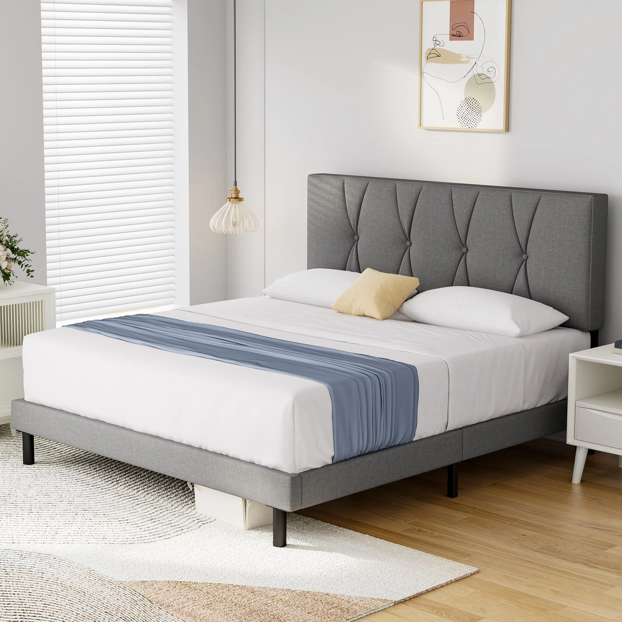 Queen Bed Frame, HAIIDE Queen Size Platform Bed With Fabric Upholstered Headboard, Dark Grey