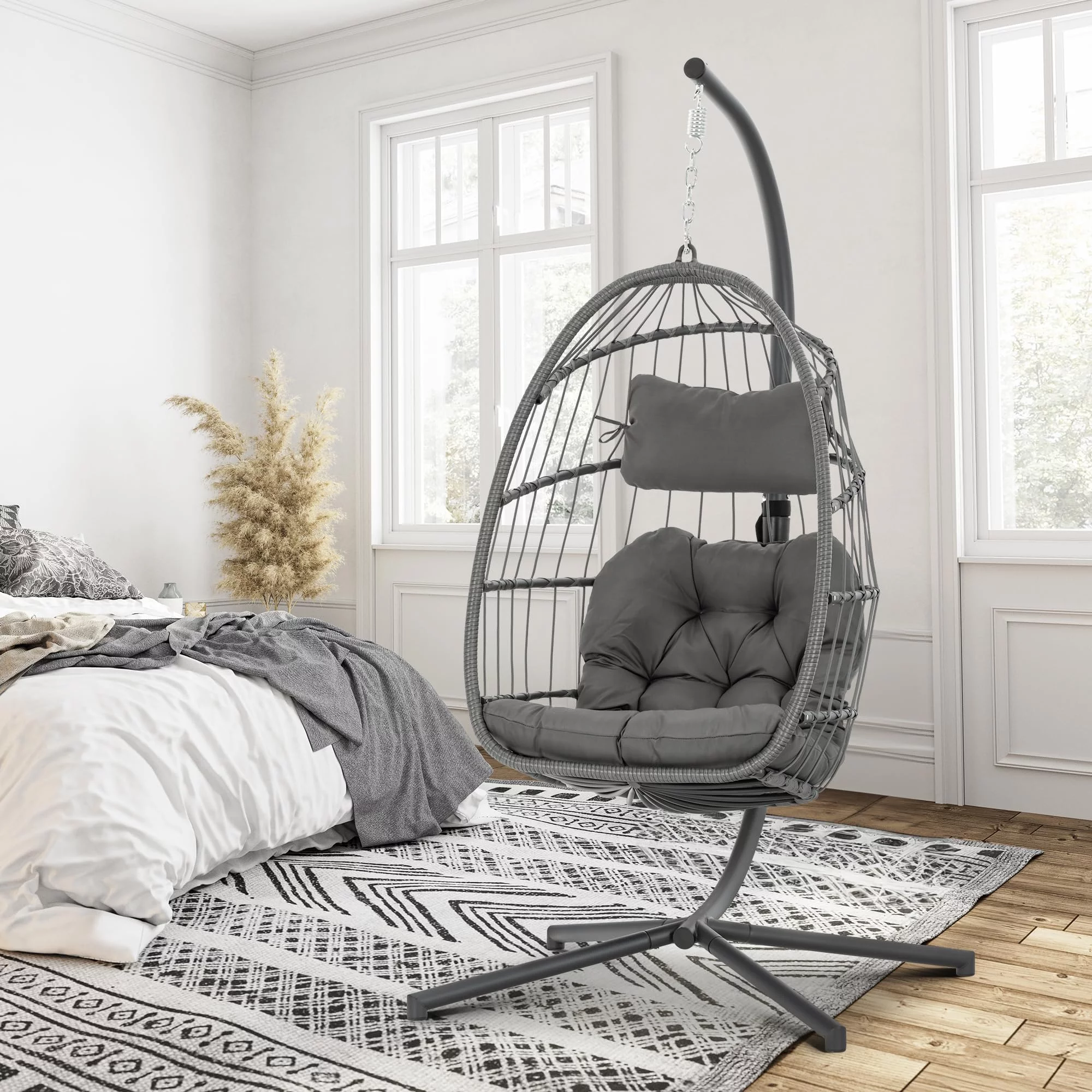 Hanging Egg Chair with Stand and Fluffy Cushion Lounge Wicker Iron Swing Chairs,light gray