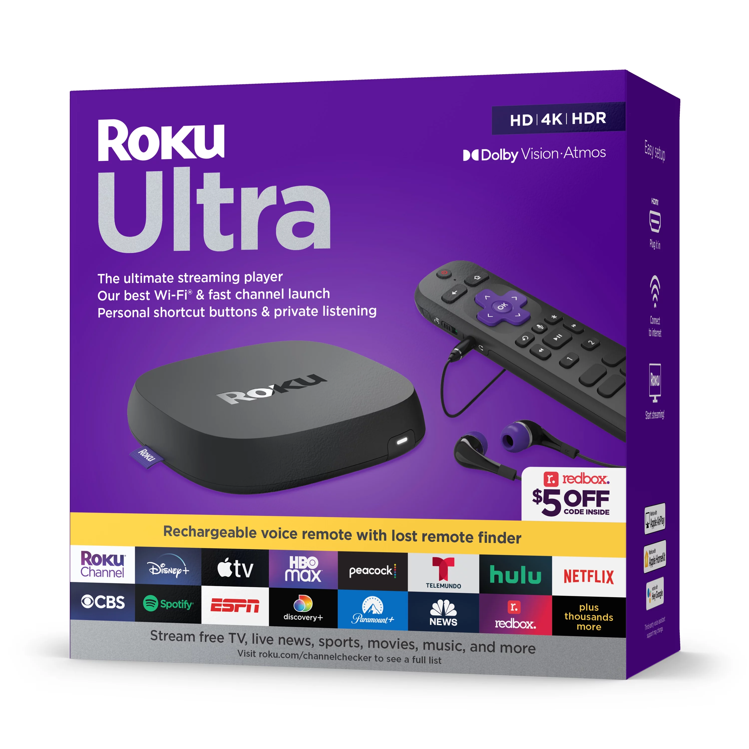 Roku Ultra 4K/HDR/Dolby Vision Streaming Device and Roku Voice Remote Pro with Rechargeable Battery