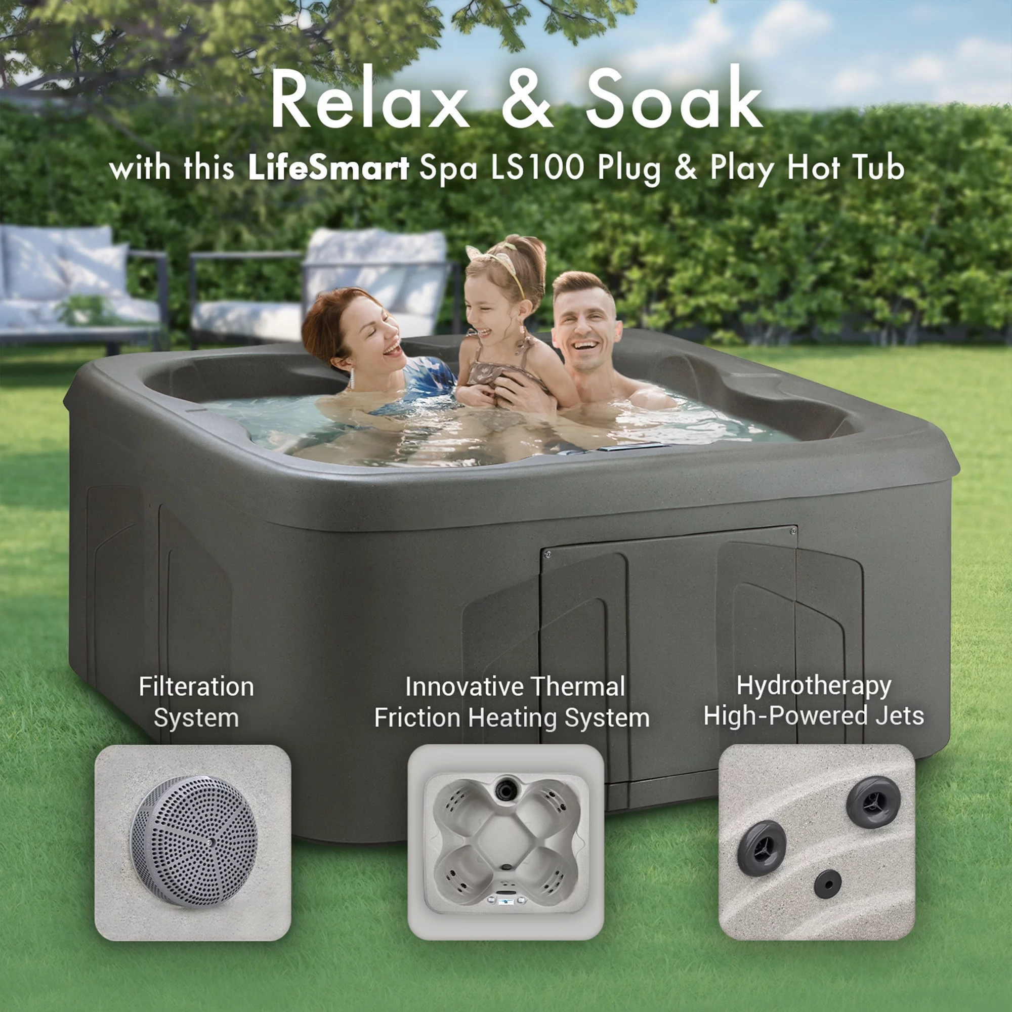 LifeSmart LS100 Taupe 4 Person Plug & Play Square Hot Tub Spa & Black Cover