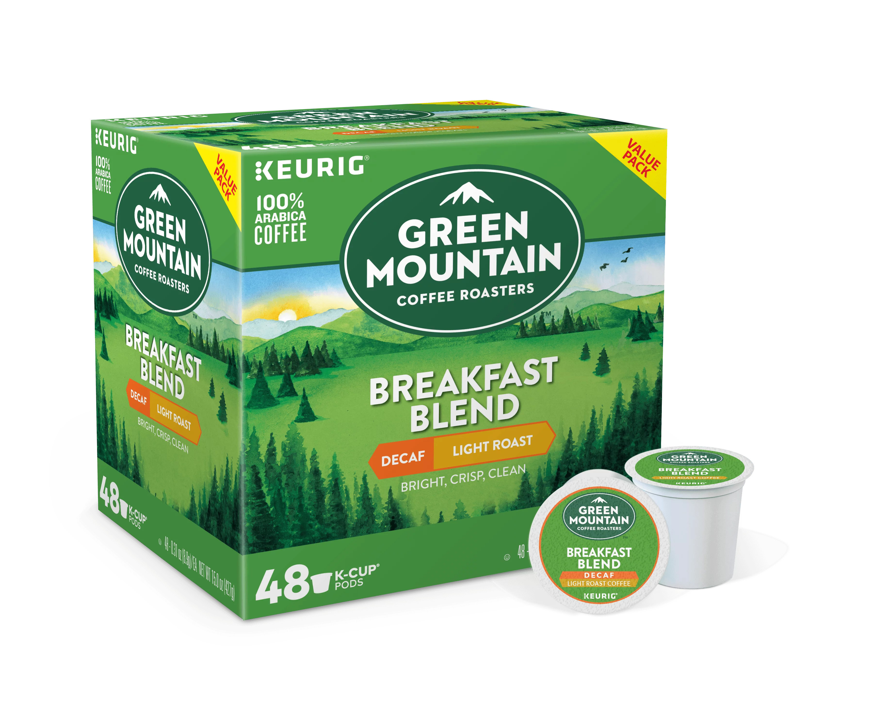 Green Mountain Coffee Roasters Breakfast Blend Decaf, Keurig K-Cup Pods, Light Roast Coffee, 48 Count