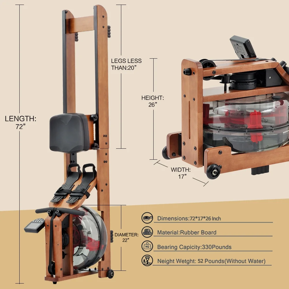 Water Rowing Machine for Home Gym Fitness, Classic Solid Wood Water Rower with LCD Monitor