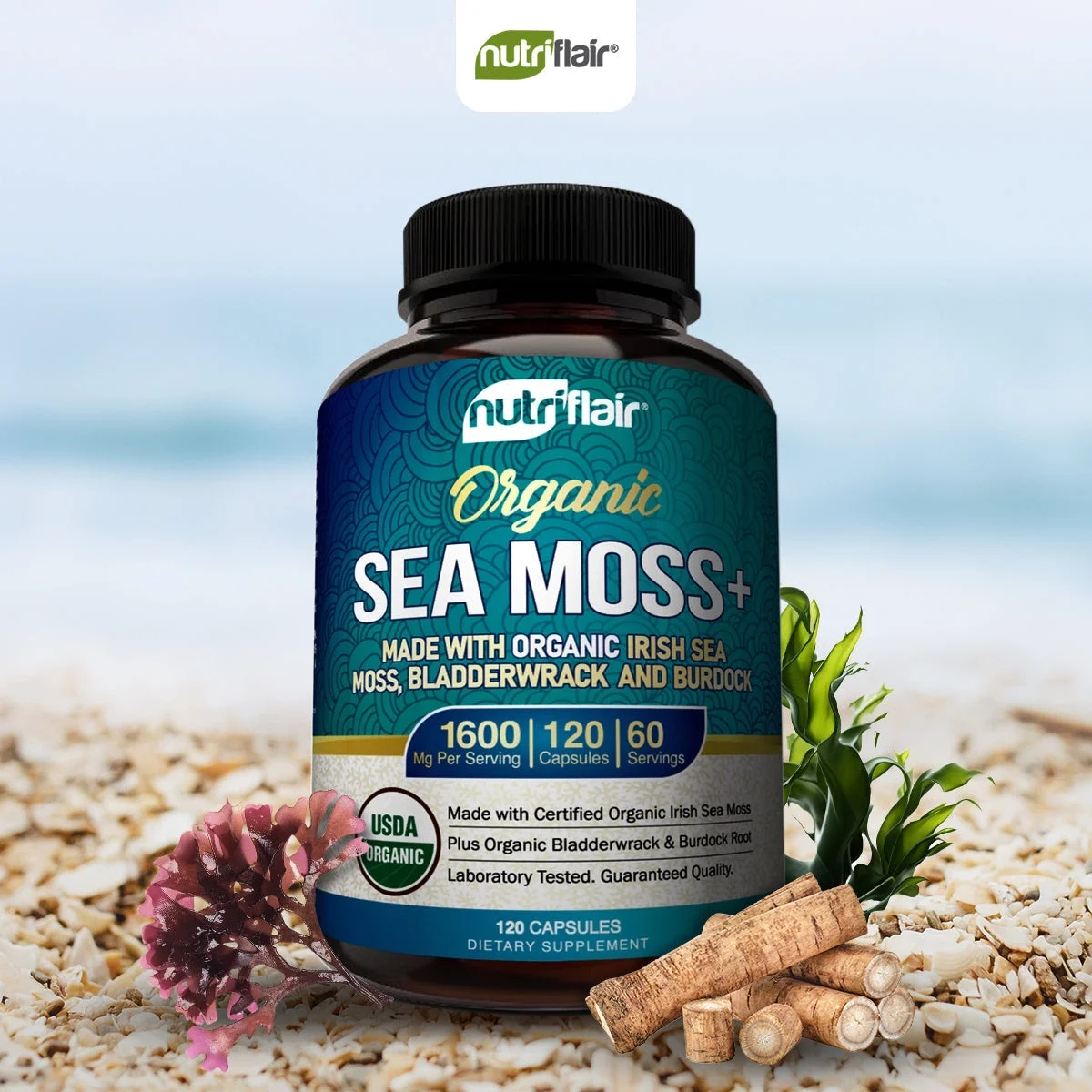 NutriFlair USDA Certified Organic Sea Moss Capsules 1600mg, 120 Capsules – Immunity, Gut, Energy – Superfood Sea Moss Supplements with Raw Sea Moss Powder for Women and Men