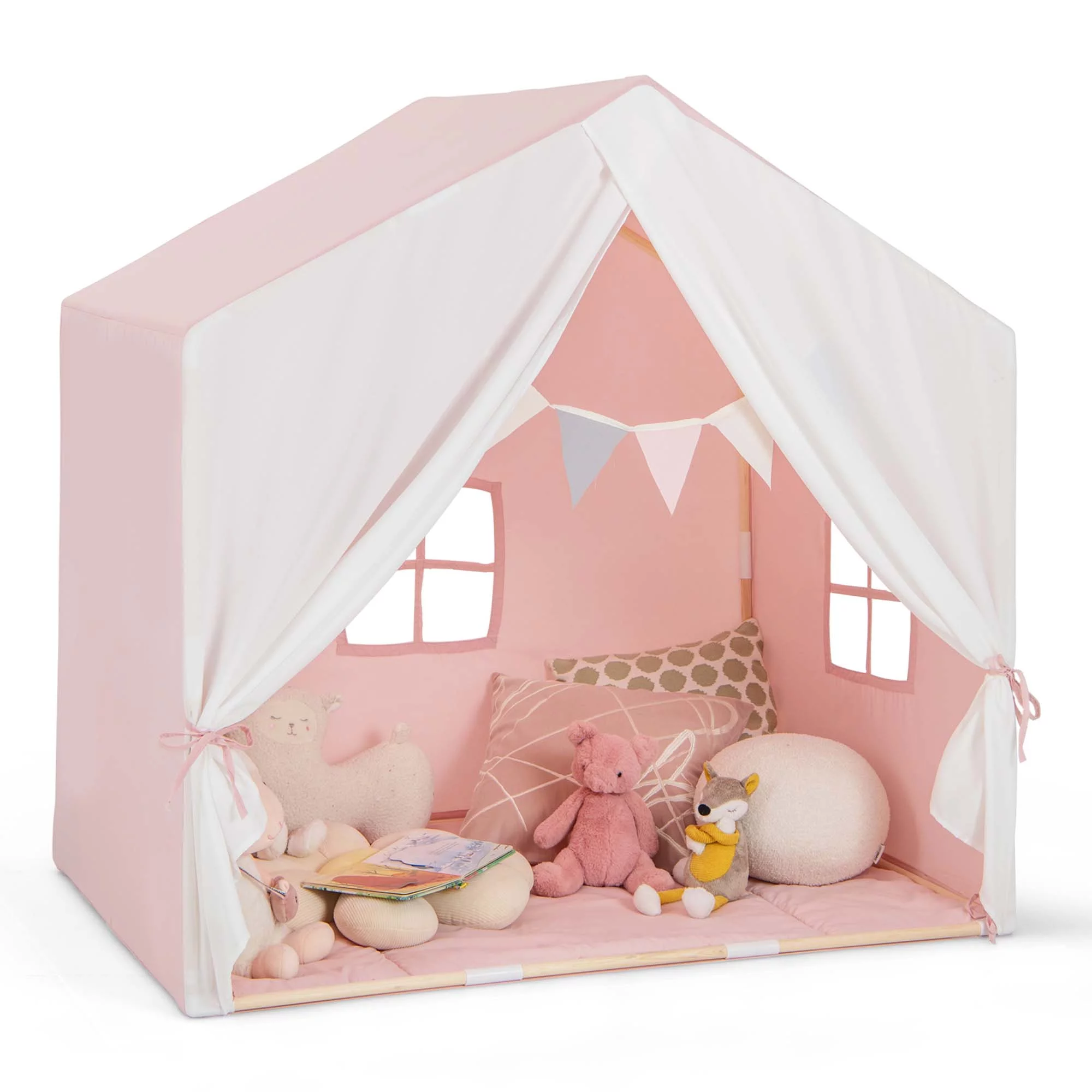 Costway Kid’s Play Tent Toddler Playhouse Castle Solid Wood Frame with Washable Mat Pink Pink