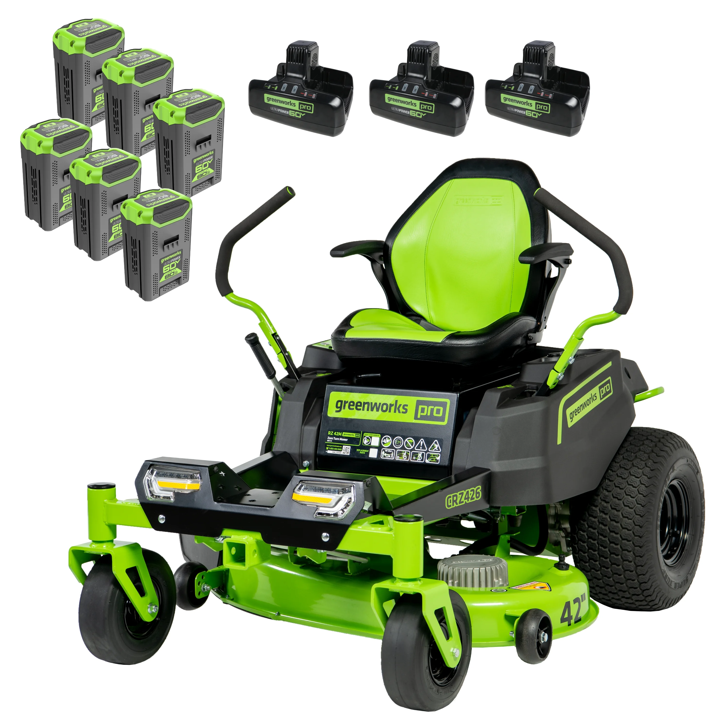 Greenworks 60V 42?? Cordless Battery Crossover-Z Zero Turn Riding Lawn Mower with Six (6) 8Ah Batteries & Three (3) Dual Port Turbo Chargers 7409302