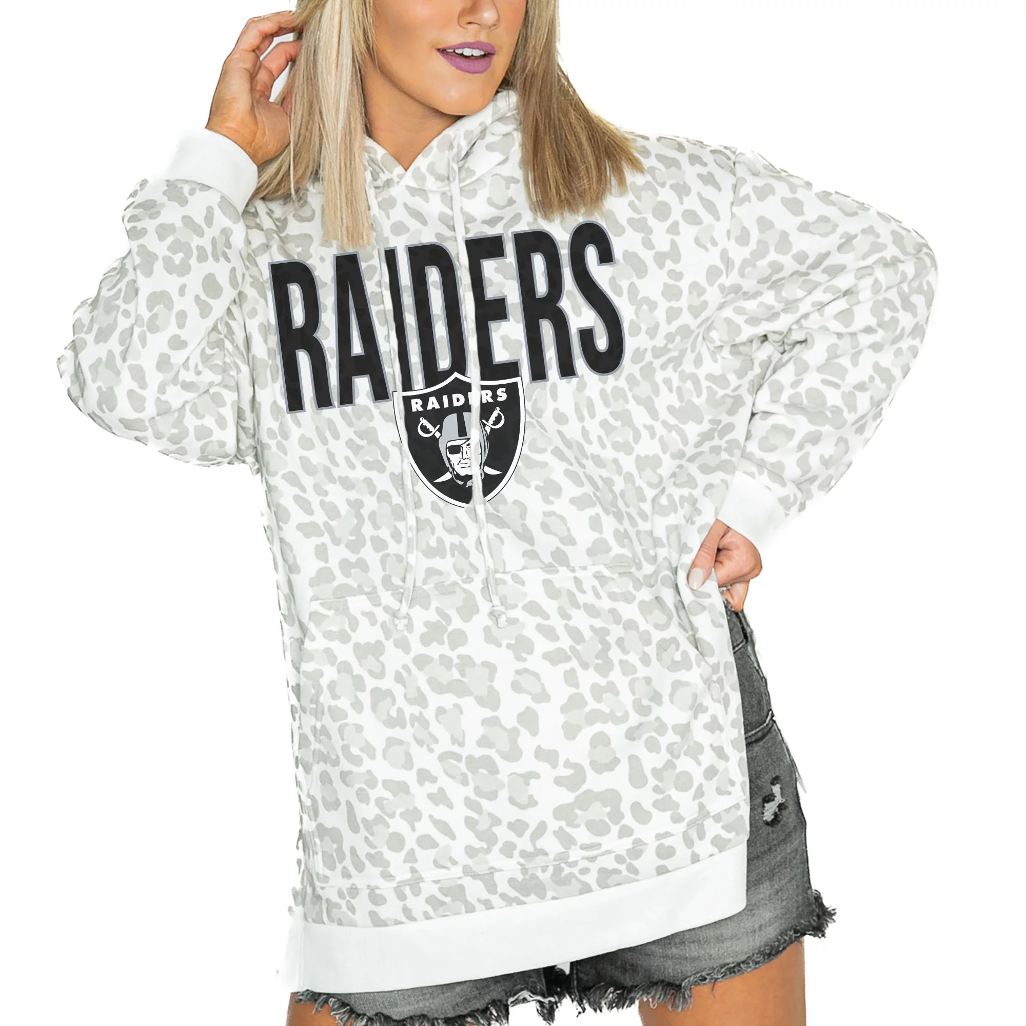 Womens’ Gameday Couture White Las Vegas Raiders Leopard Side Slit Pullover Hoodie