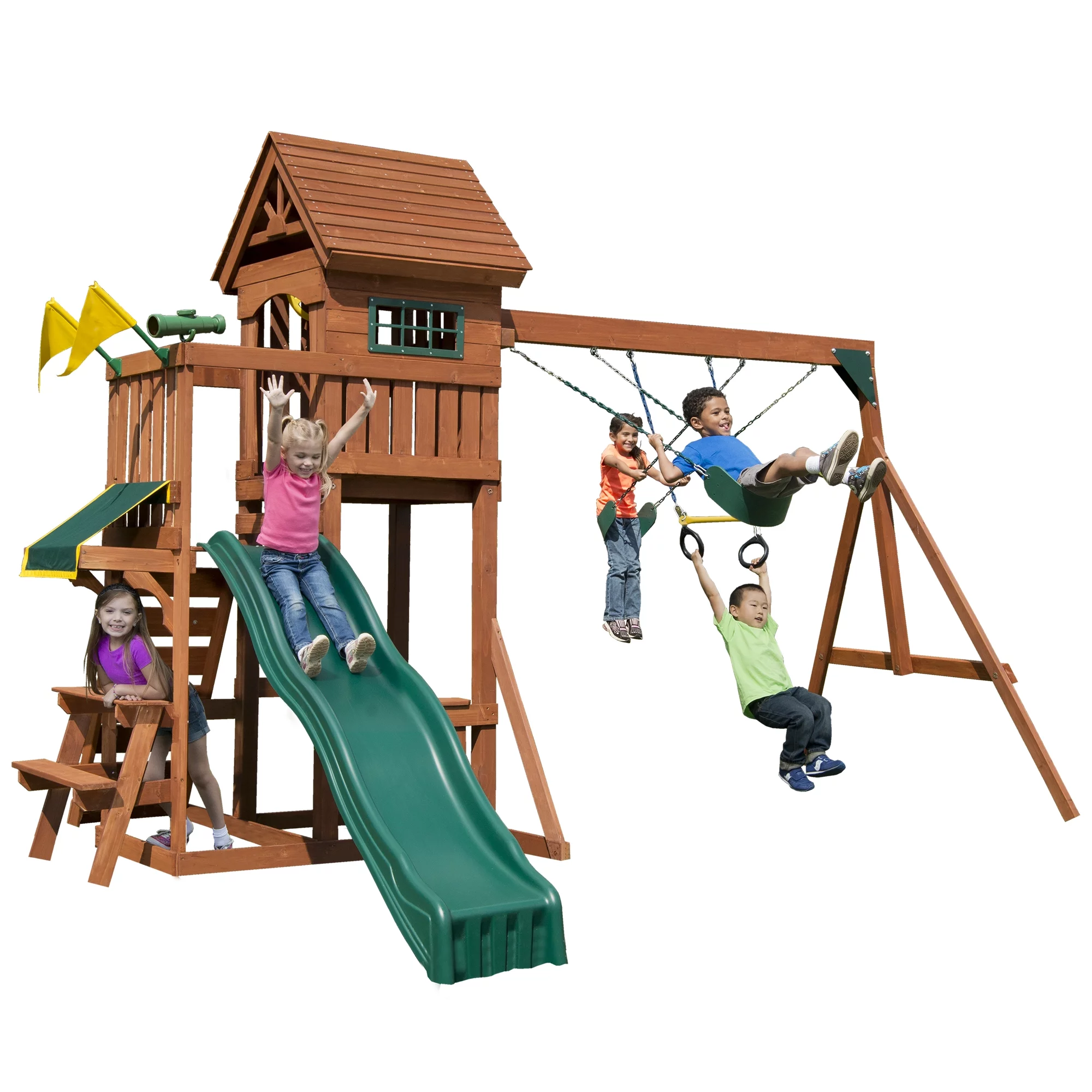 Swing-N-Slide Playful Palace Wooden Backyard Swing Set with Slide, Wood Roof, Swings, and Climbing Wall